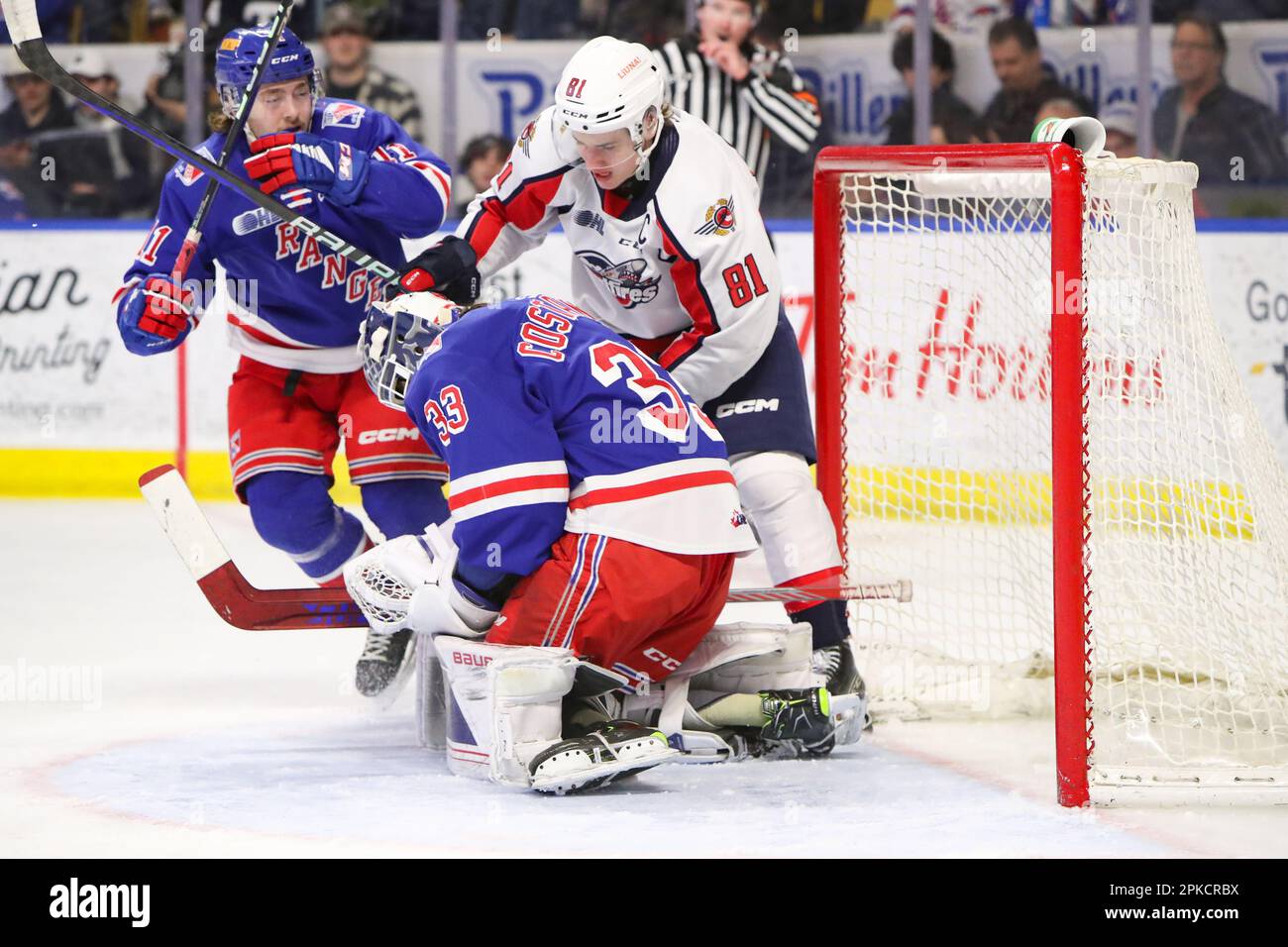 Kichener, Ontario, Canada. 6 avril 2023, Kichener Ontario Canada, les Rangers de Kitchener tirent un bouleversement géant qui balaie les Spitfires de Windsor dans 4 jeux. (Éditorial seulement) Matthew Maggio(81) des Spitfires de Windsor. Crédit : Luke Durda/Alay Live News Banque D'Images