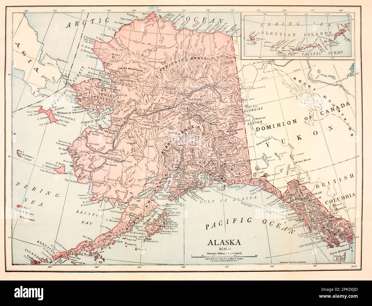 Carte de l'État de l'Alaska du livre ' Alaska, Our Beautiful northland of Opportunity ' par Agnes Rush Burr, Une description de ses rivières, montagnes, glaciers, volcans, Et d'autres belles et insolites caractéristiques panoramiques et des rares délices qu'il offre aux voyageurs, aux chasseurs de gros gibier, aux alpinistes, aux explorateurs ; ses villes et ses colonies de pionniers ; le chemin de fer du gouvernement et le parc national de Mount McKinley ; ses riches ressources ; ses ouvertures pour les nouvelles entreprises ; Ses Indiens, leurs coutumes primitives et le développement actuel ; son histoire romantique de début quand le russe, l'espagnol, et d'autres N Banque D'Images