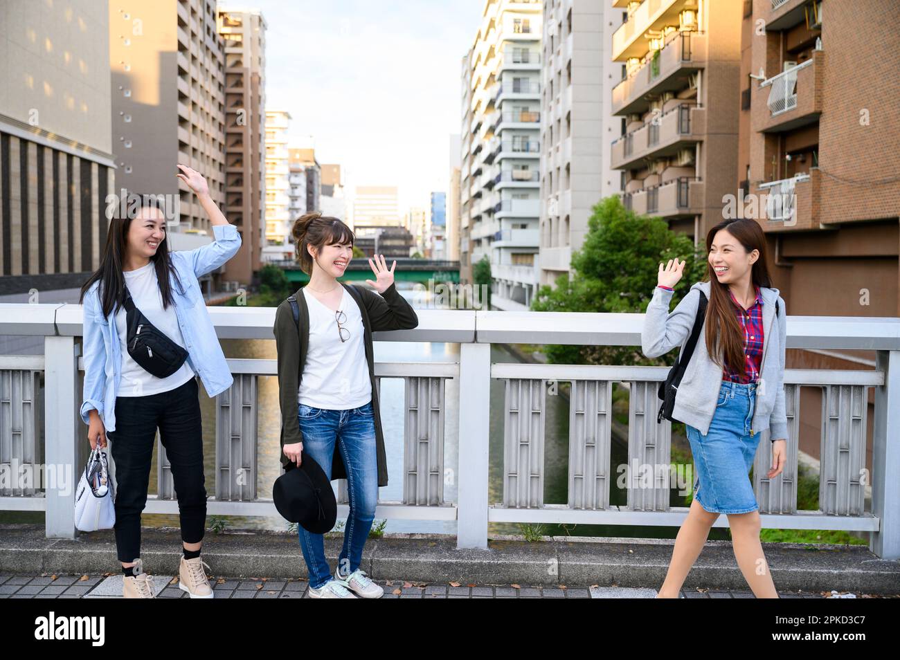 Trois femmes touristes se disant au revoir Banque D'Images