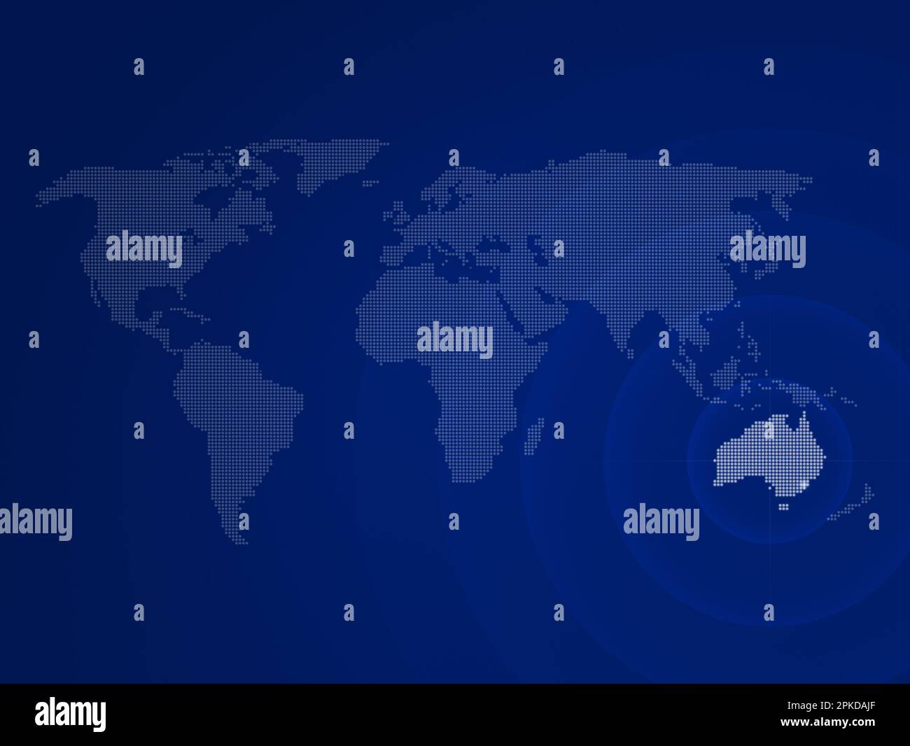 Carte du monde en demi-teinte avec le pays de l'Australie mis en évidence. Carte du monde moderne et propre sur fond bleu dégradé. Banque D'Images