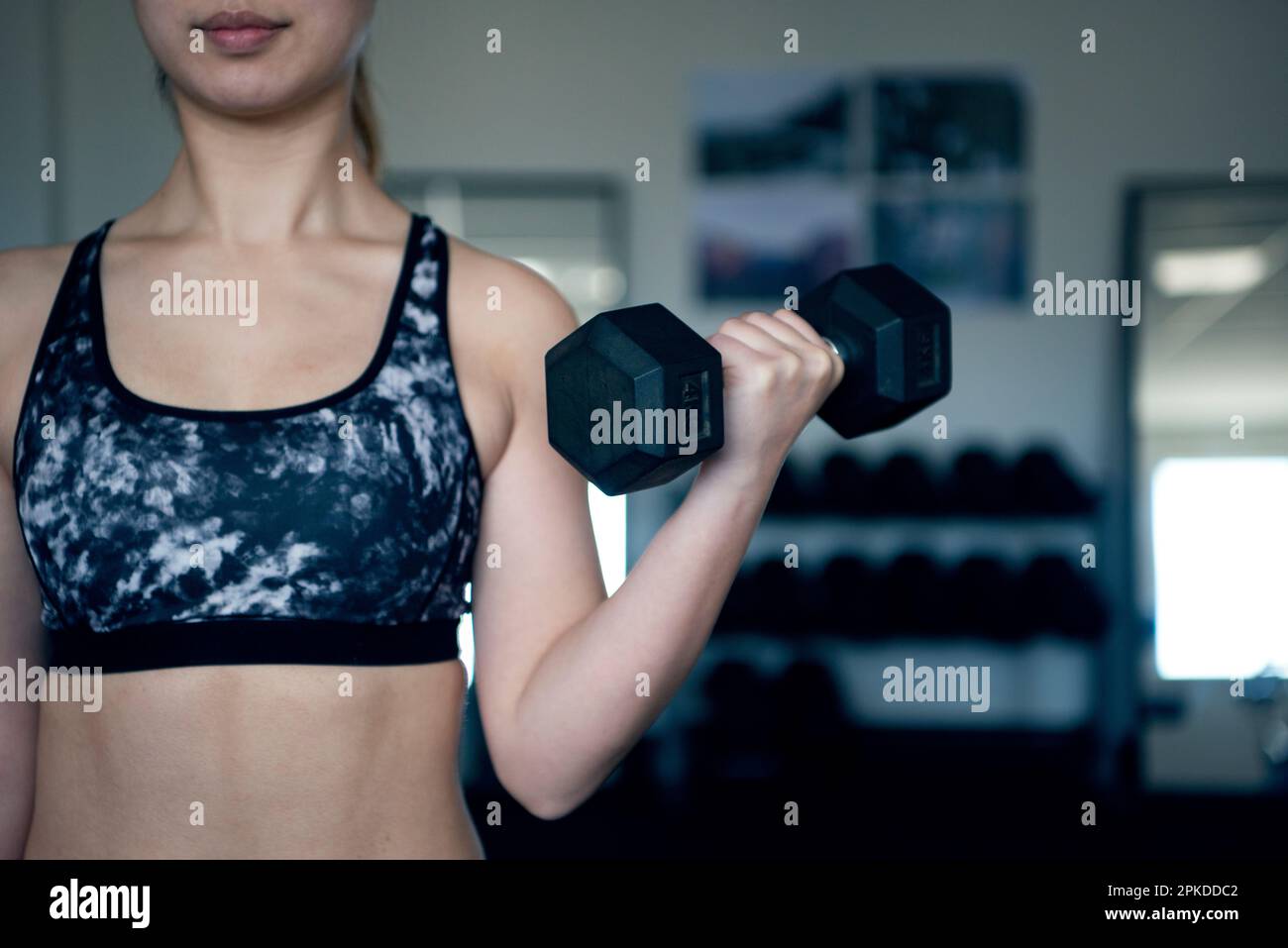 Femme faisant l'entraînement de force avec des haltères à la salle de gym Banque D'Images