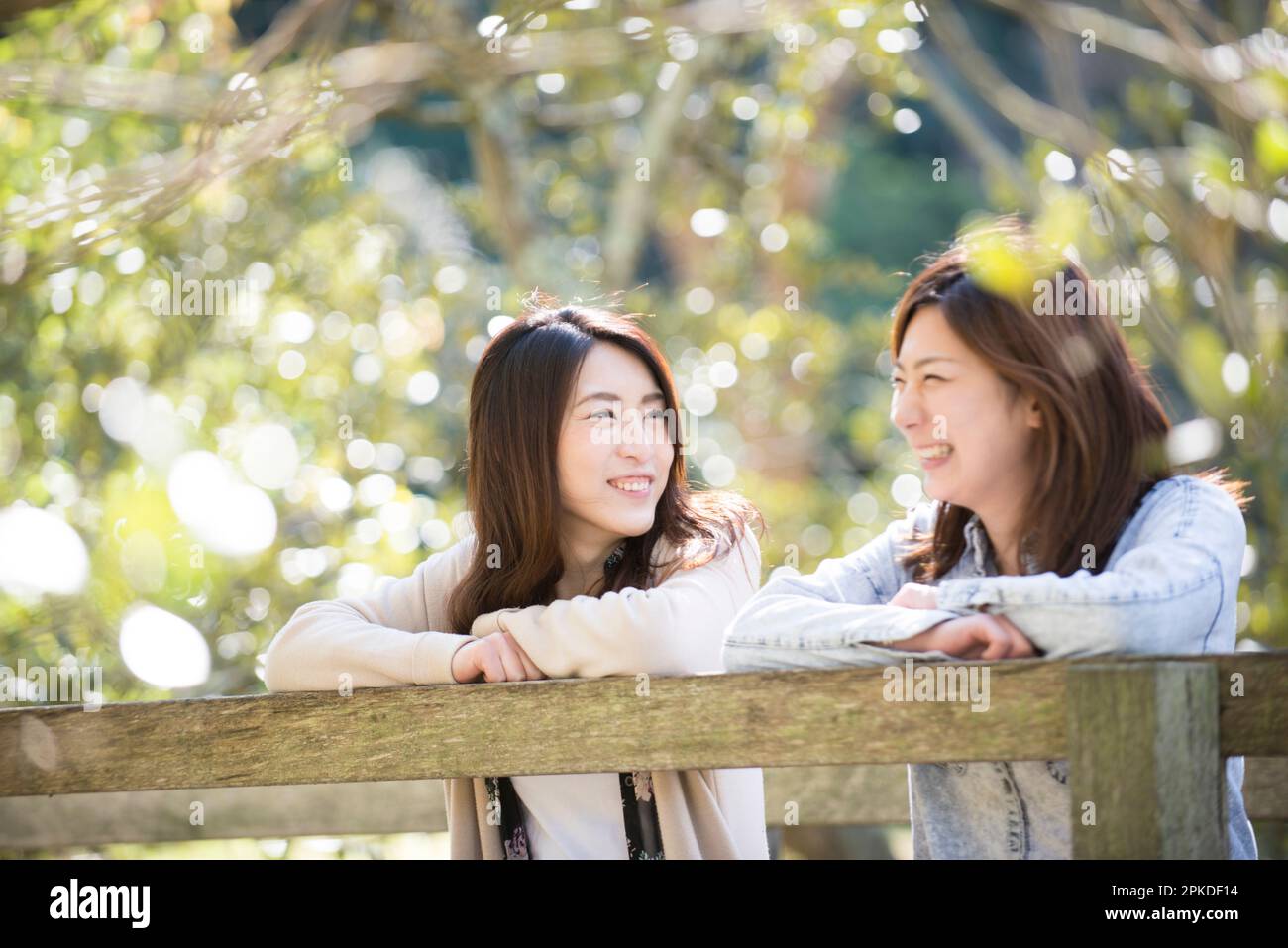 Deux femmes parlent en vert Banque D'Images