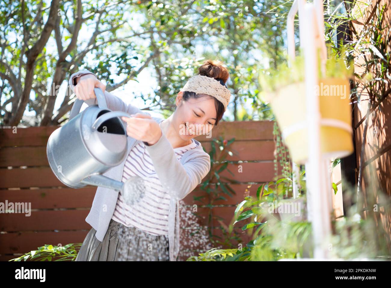 Woman watering plants in garden Banque D'Images