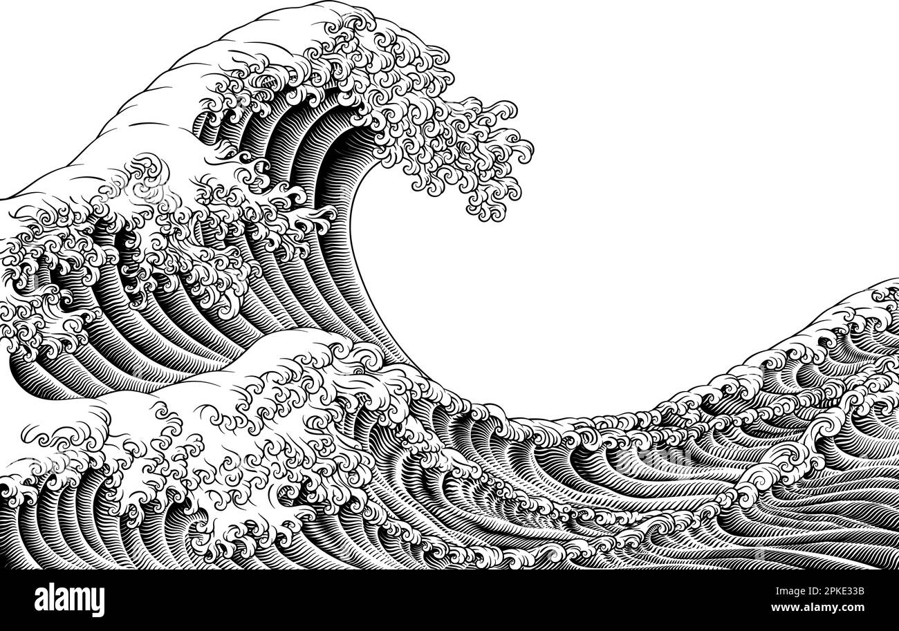 Style de coupe de bois japonais gravé Great Wave Vintage Illustration de Vecteur