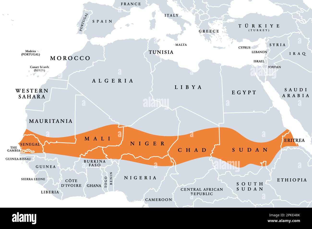 Le Sahel une région en Afrique, carte politique. Domaine biogéographique écoclimatique de transition entre le Sahara et la savane soudanienne. Banque D'Images