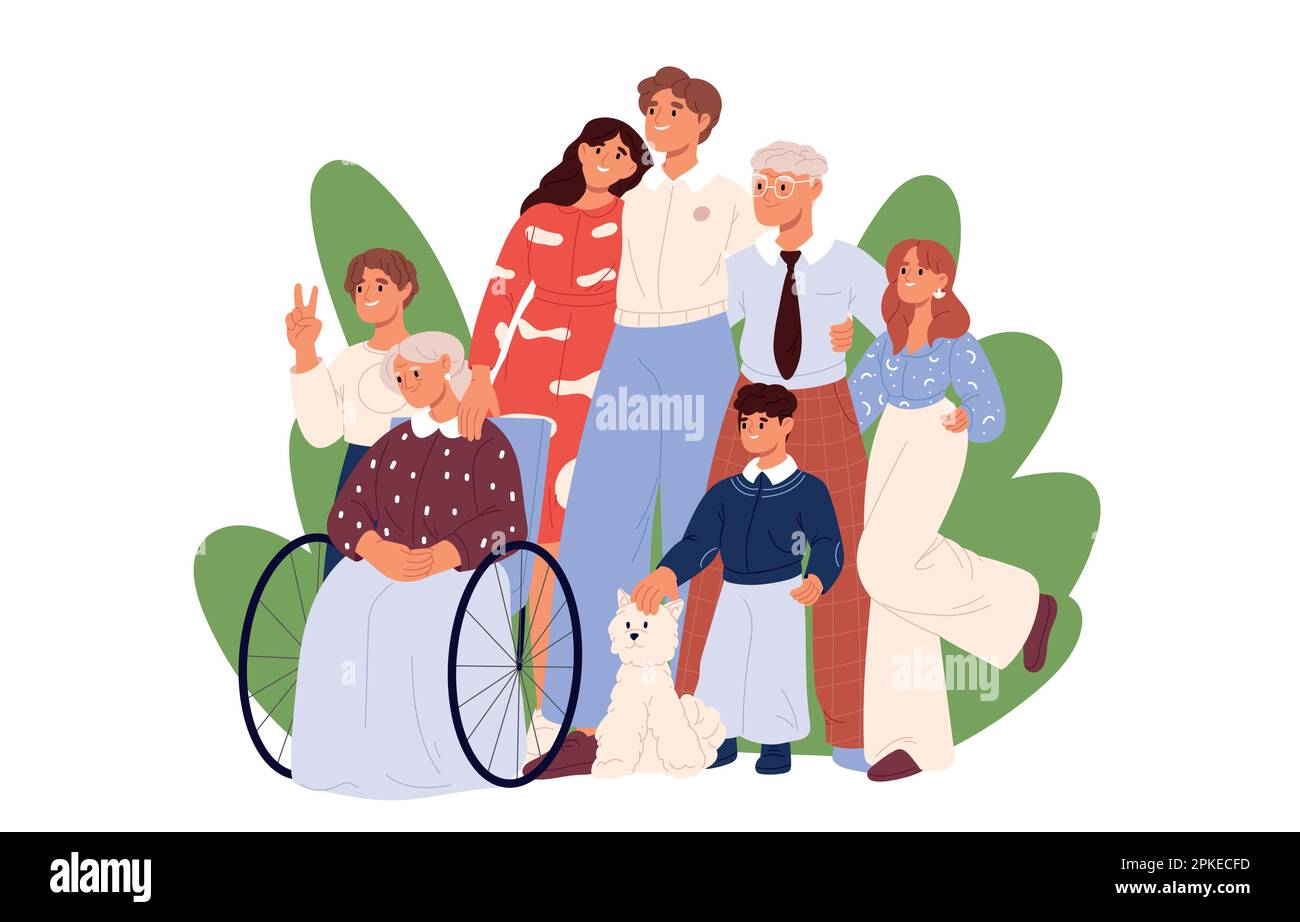 Ensemble de personnages de grande famille heureux. grand-mère, enfants et parents heureux. Illustration isolée à vecteur plat Illustration de Vecteur