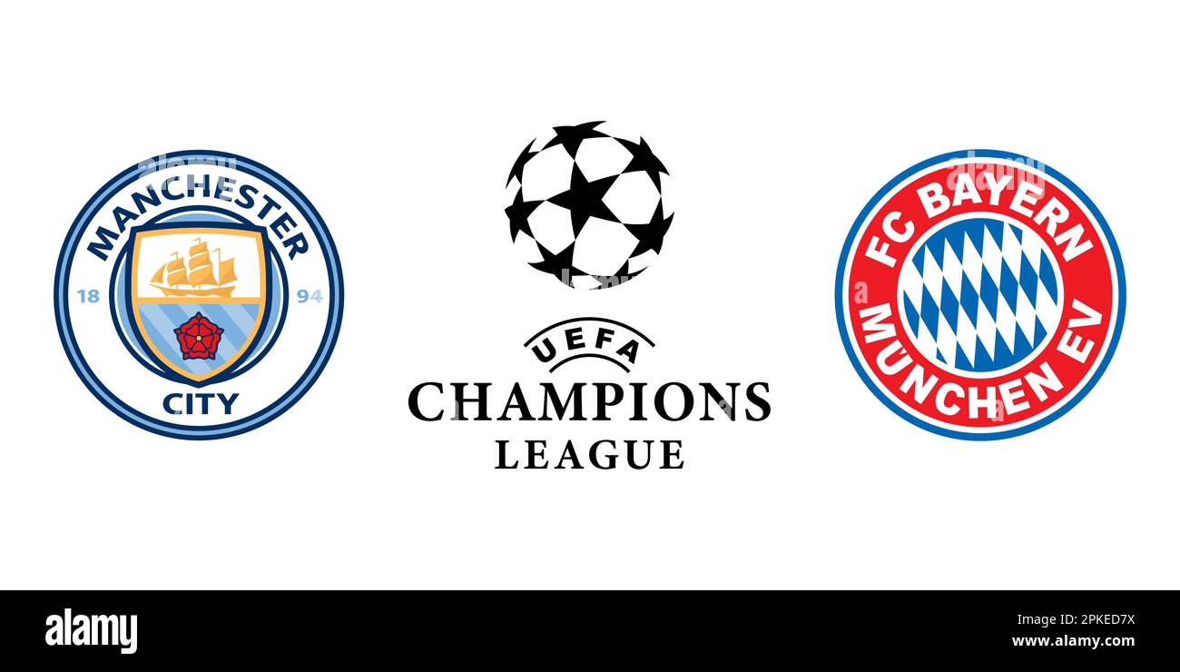 Vinnitsa, Ukraine - 20 mars 2023: Football Manchester City vs Bayern Munchen club icons.Ligue des champions. Illustration éditoriale vectorielle Illustration de Vecteur