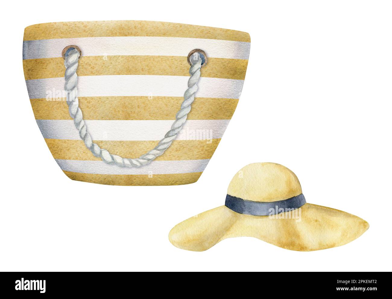 Éléments aquarelle dessinés à la main. Sac en toile de plage à rayures, chapeau jaune floppy paille. Isolé sur fond blanc. Décoration murale, mariage, impression Banque D'Images