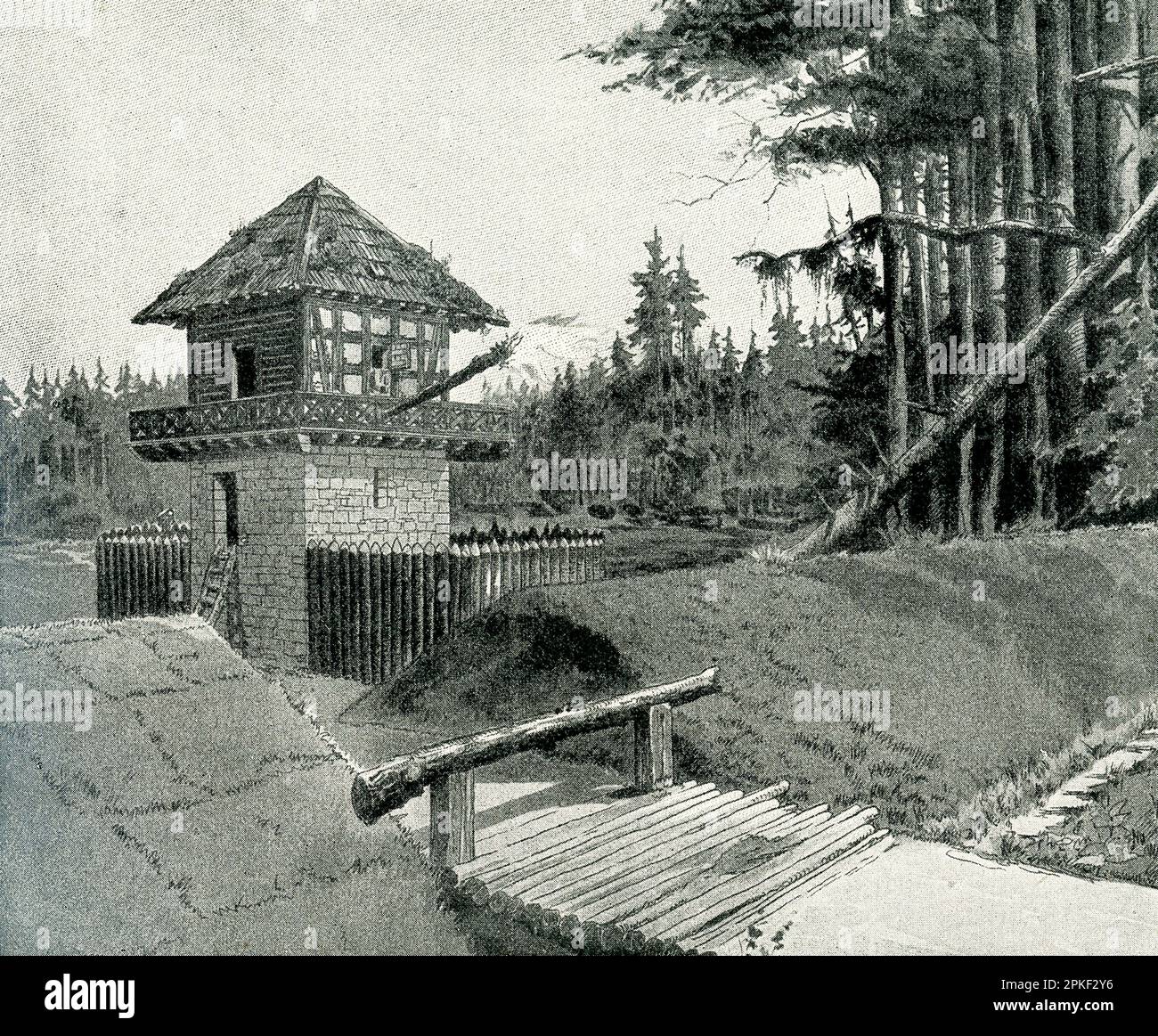 Cette illustration de 1904 montre une reconstruction d'une tour de surveillance à Limes (route militaire romaine) . Les limites, (latin pour « chemin ») les limites pluriel, dans la Rome antique, signifiait à l'origine un chemin qui marquait la frontière entre les parcelles de terre. Plus tard, il est venu de se référer à des routes le long desquelles les troupes avançèrent en territoire inamical. Le mot, donc, est venu pour signifier une route militaire romaine, fortifiée avec des tours de guet et des forts. Banque D'Images