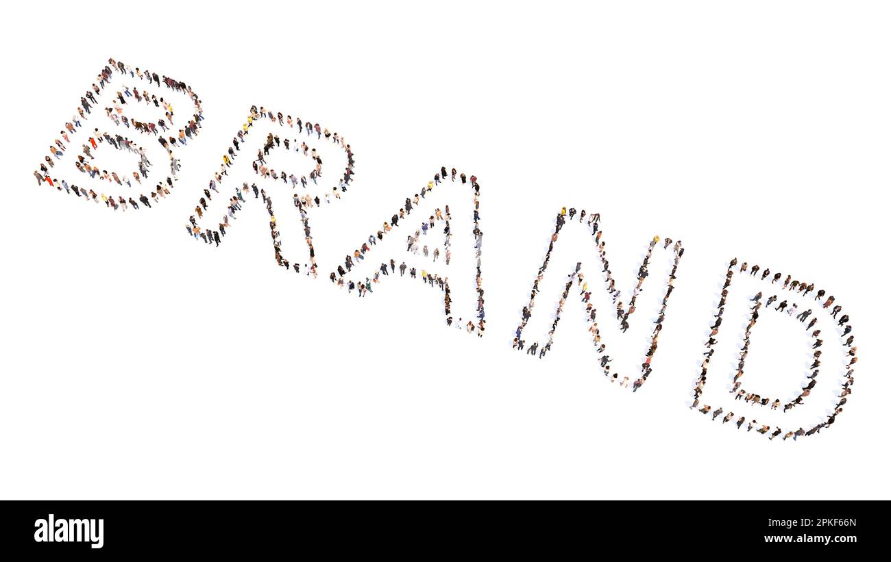 Concept ou conceptuel vaste communauté de personnes formant le mot MARQUE. 3d métaphore de l'illustration pour les affaires, l'identité d'entreprise, le design moderne Banque D'Images