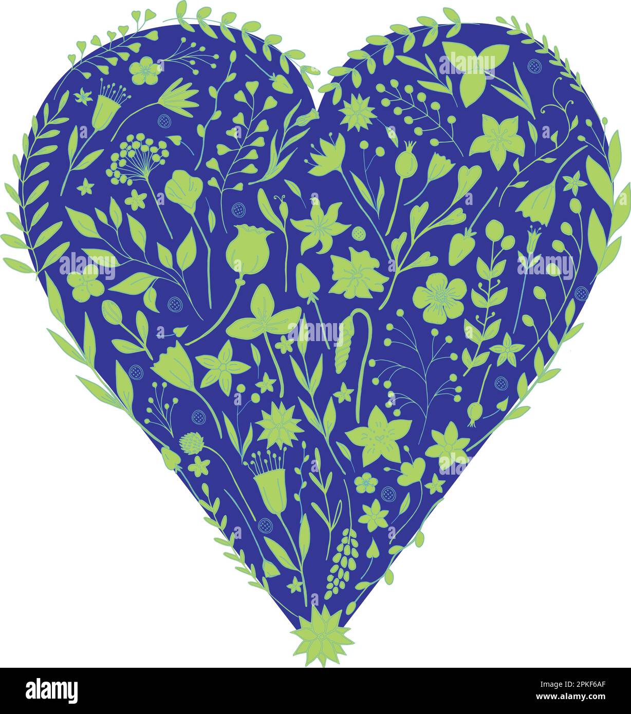 Éléments floraux vert clair dessinés à la main en forme de coeur bleu. Coeur botanique sur fond blanc. Pour le desseinage et l'impression Illustration de Vecteur