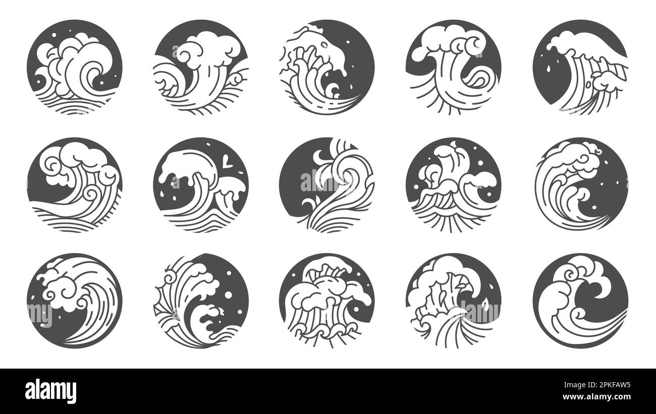 Logo Japanese Waves. Motif ondulé traditionnel oriental pour le restaurant et le café sushi, motif abstrait d'ondulation de l'eau. Ensemble vectoriel isolé de Illustration de Vecteur