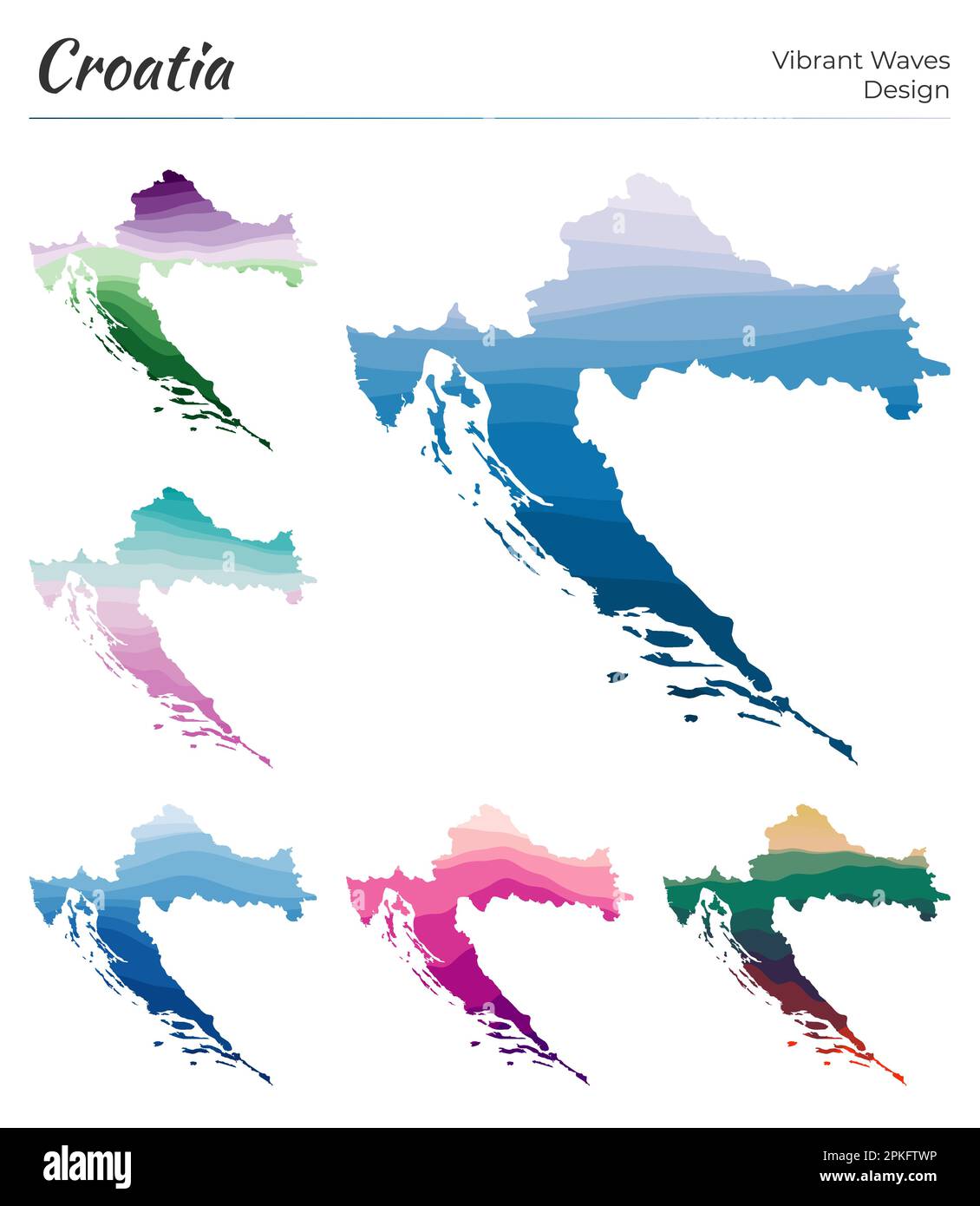 Ensemble de cartes vectorielles de la Croatie. Motif vagues vibrantes. Carte lumineuse du pays dans le style géométrique des courbes lisses. Carte de Croatie multicolore pour votre conception. Illustration de Vecteur