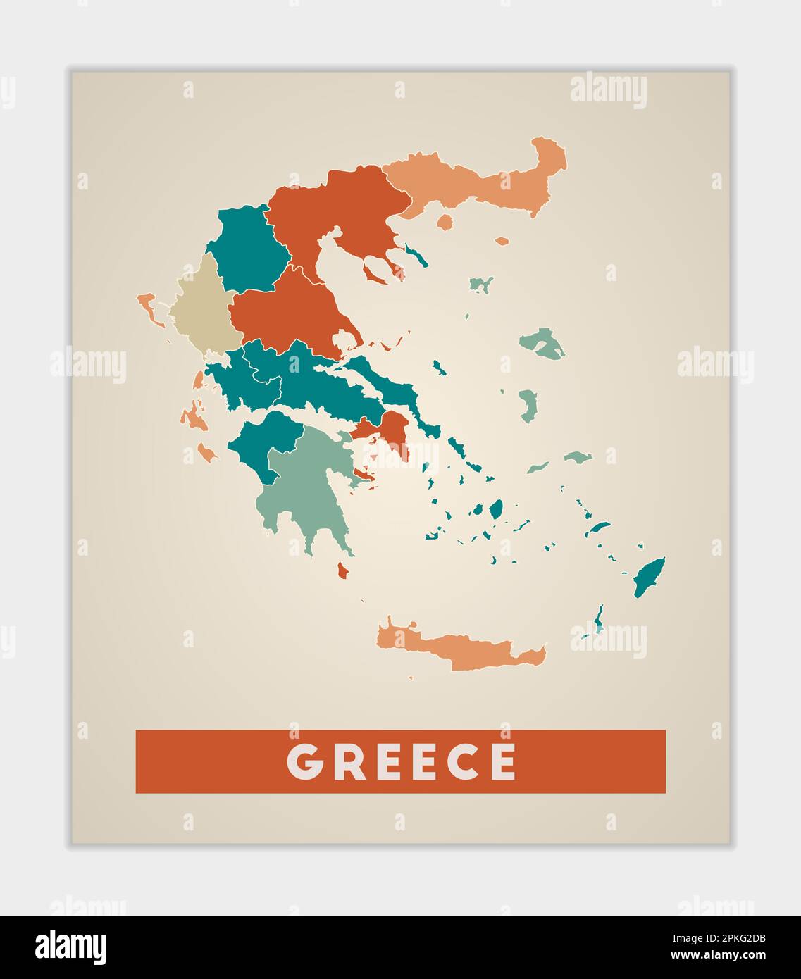 Affiche Grèce. Carte du pays avec des régions colorées. Forme de la Grèce avec le nom du pays. Illustration vectorielle artistique. Illustration de Vecteur
