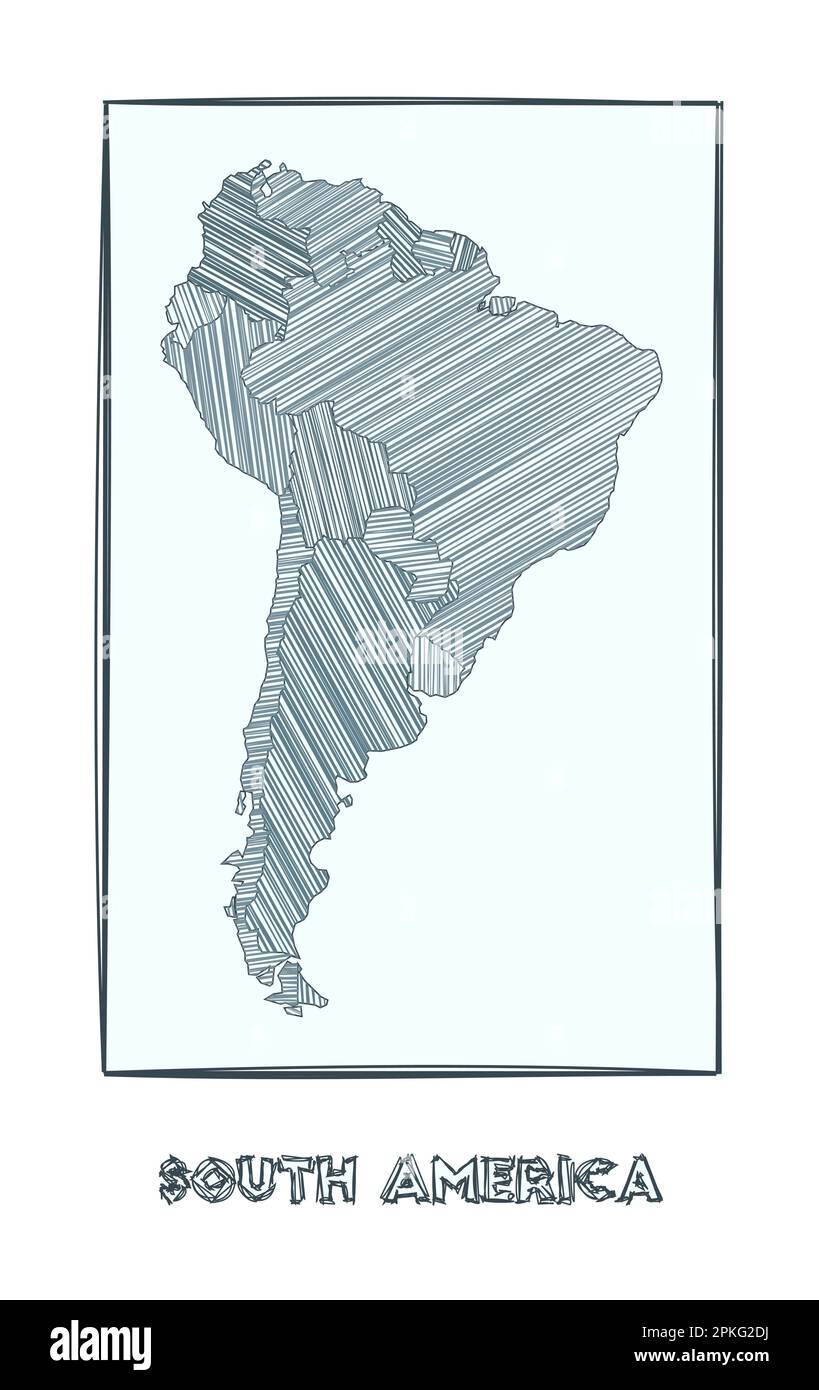 Carte d'esquisse de l'Amérique du Sud. Échelle de gris carte dessinée à la main du continent. Zones remplies avec des bandes de haches. Illustration vectorielle. Illustration de Vecteur