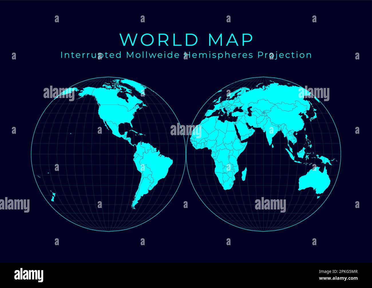 Carte du monde. La projection de mollweide s'est interrompue en deux hémisphères de surface égale. Illustration du monde infographique futuriste. Illustration de Vecteur