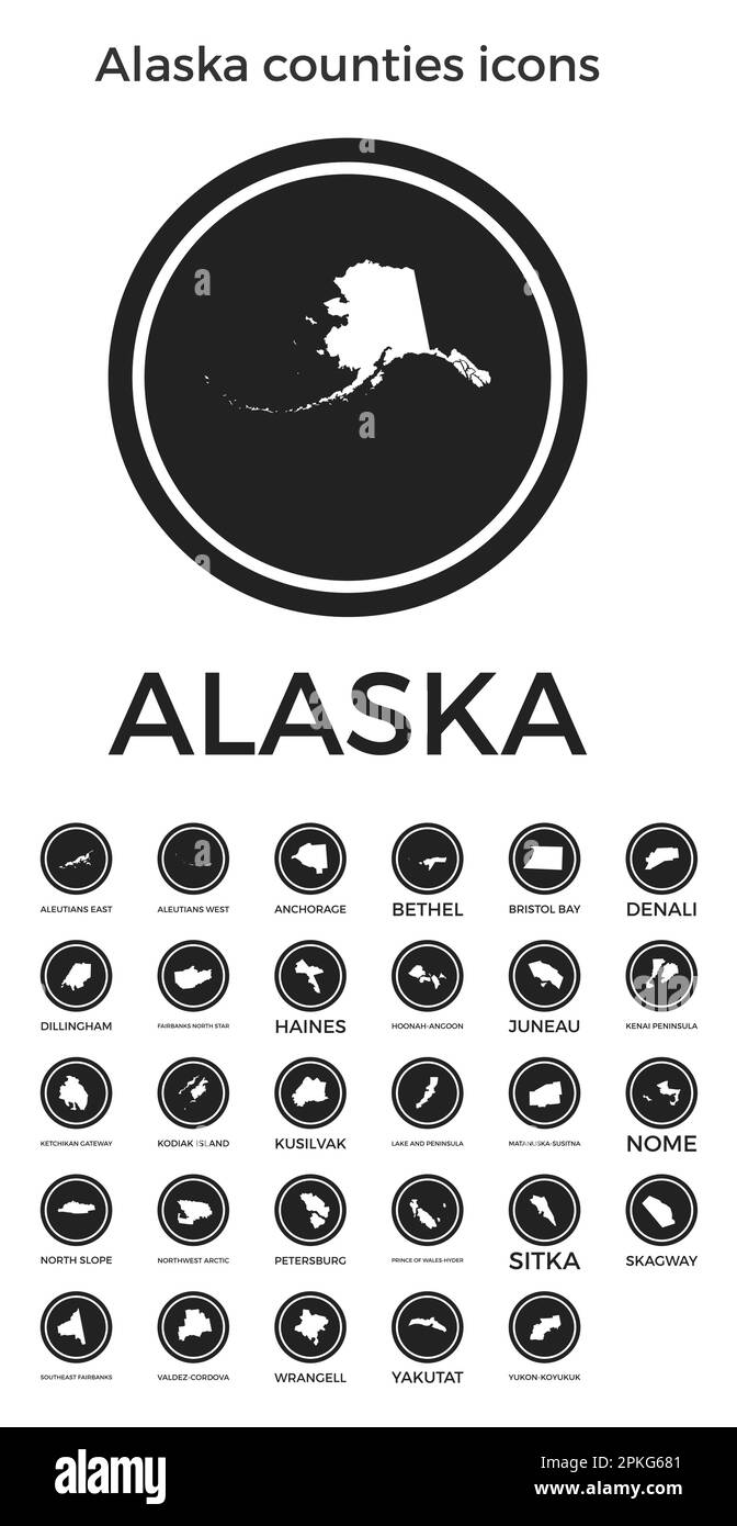 Icônes des comtés de l'Alaska. Logos ronds noirs avec cartes et titres des États-Unis. Illustration vectorielle. Illustration de Vecteur