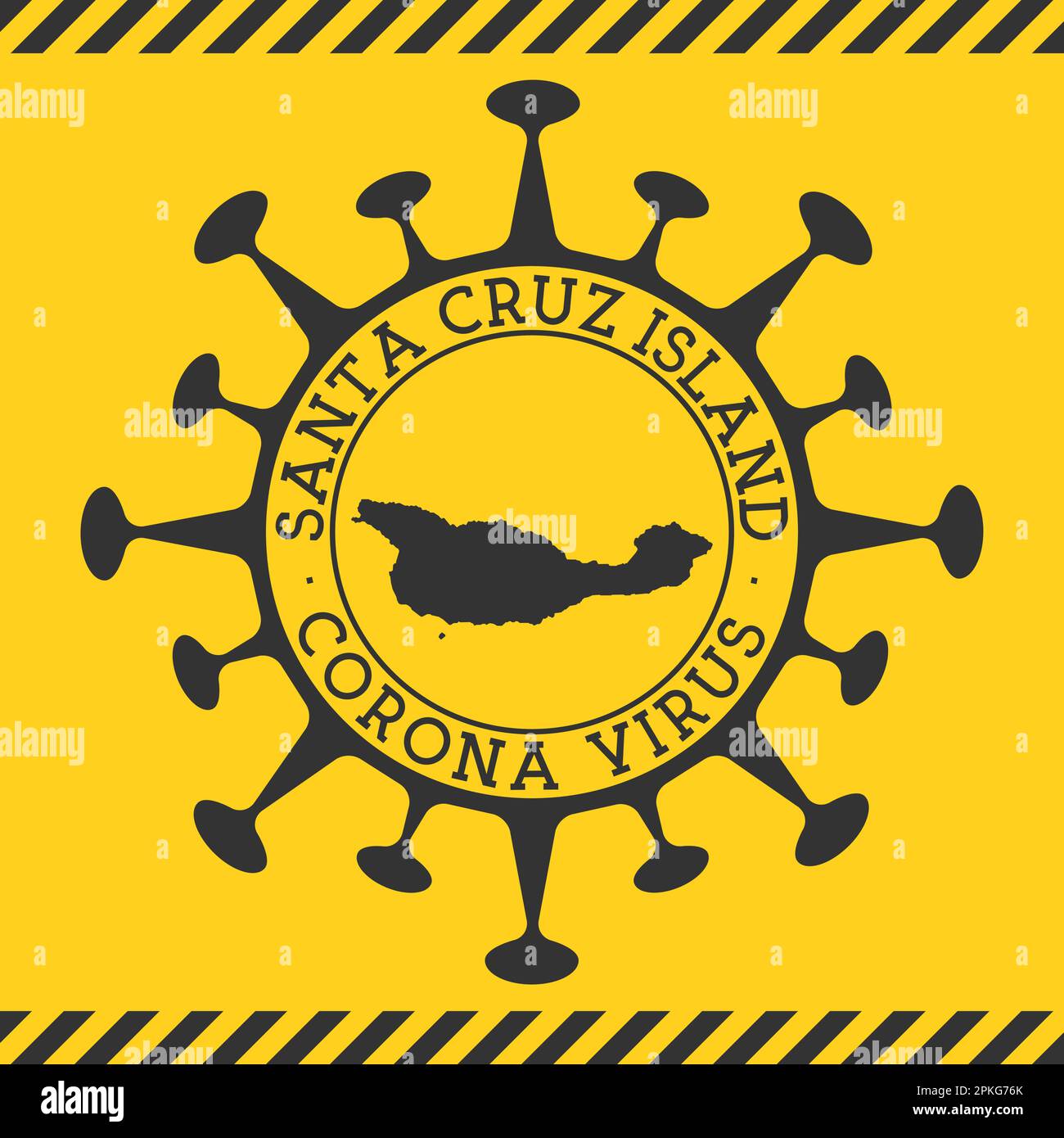 Virus Corona dans l'île de Santa Cruz signe. Badge rond avec forme de virus et carte de Santa Cruz. Timbre de verrouillage de l'épidemy de l'île jaune. Illustration vectorielle Illustration de Vecteur