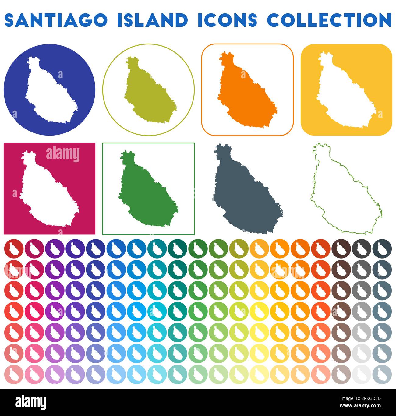 Collection d'icônes de Santiago Island. Icônes de carte branchées colorées et lumineuses. Badge moderne de l'île de Santiago. Illustration vectorielle. Illustration de Vecteur
