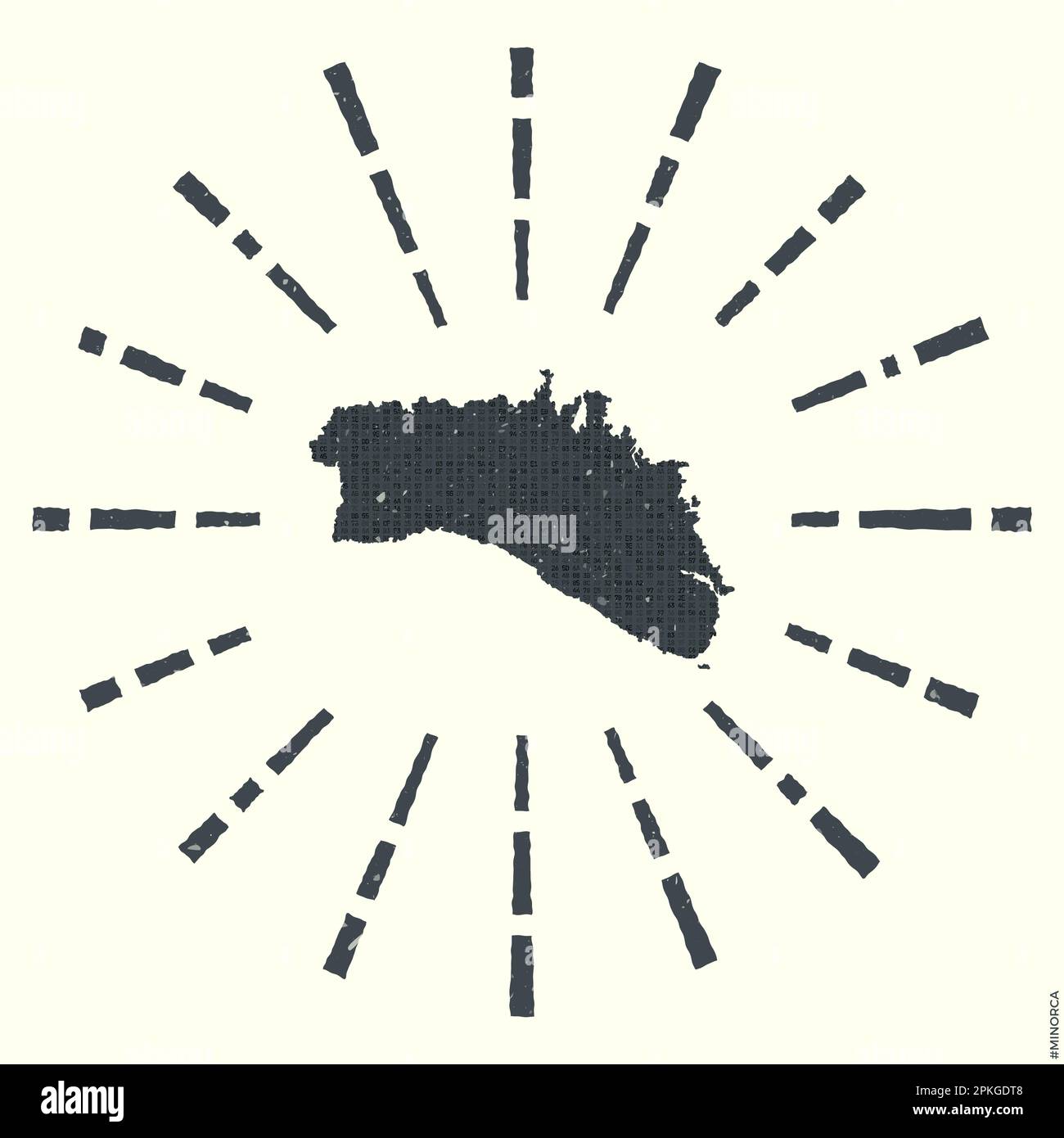 Logo Minorque. Affiche grunge Sunburst avec carte de l'île. Forme de Minorque remplie de chiffres hexagonaux avec des rayons de soleil autour. Illustration de Vecteur