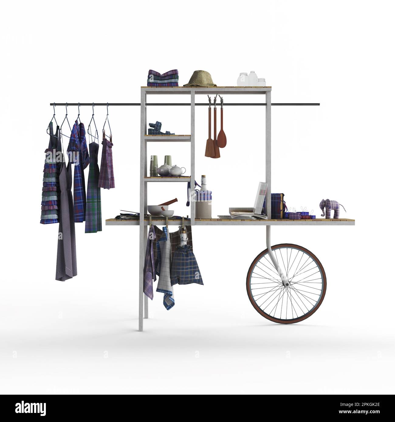Un cintre de style vintage avec différents vêtements et une roue sur fond blanc, 3D rendus Banque D'Images