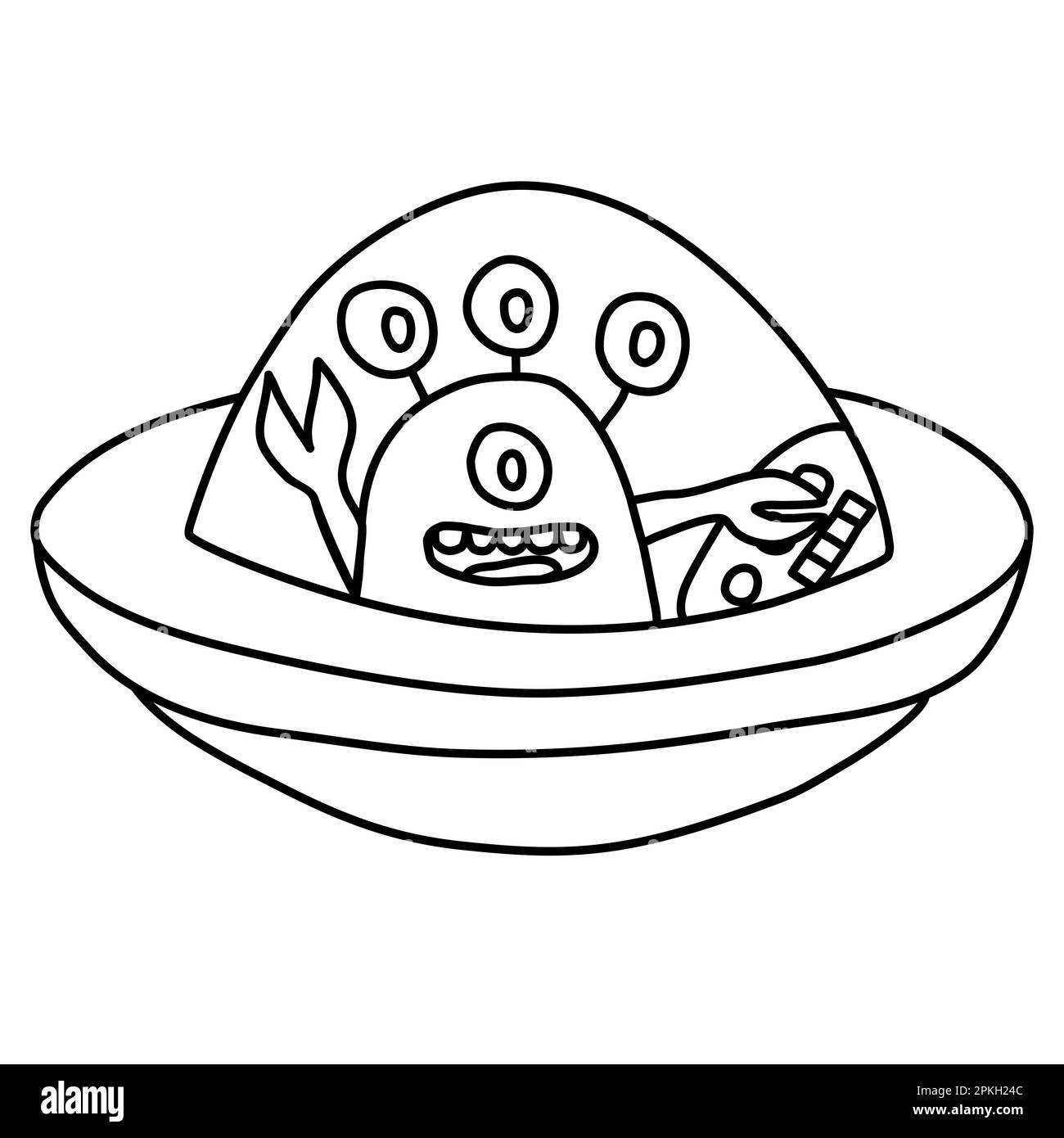 Sympathique dessin animé extraterrestre dans vaisseau spatial ou ovni, main onduleuse, style doodle dessin vectoriel plat illustration pour enfants livre de coloriage Illustration de Vecteur
