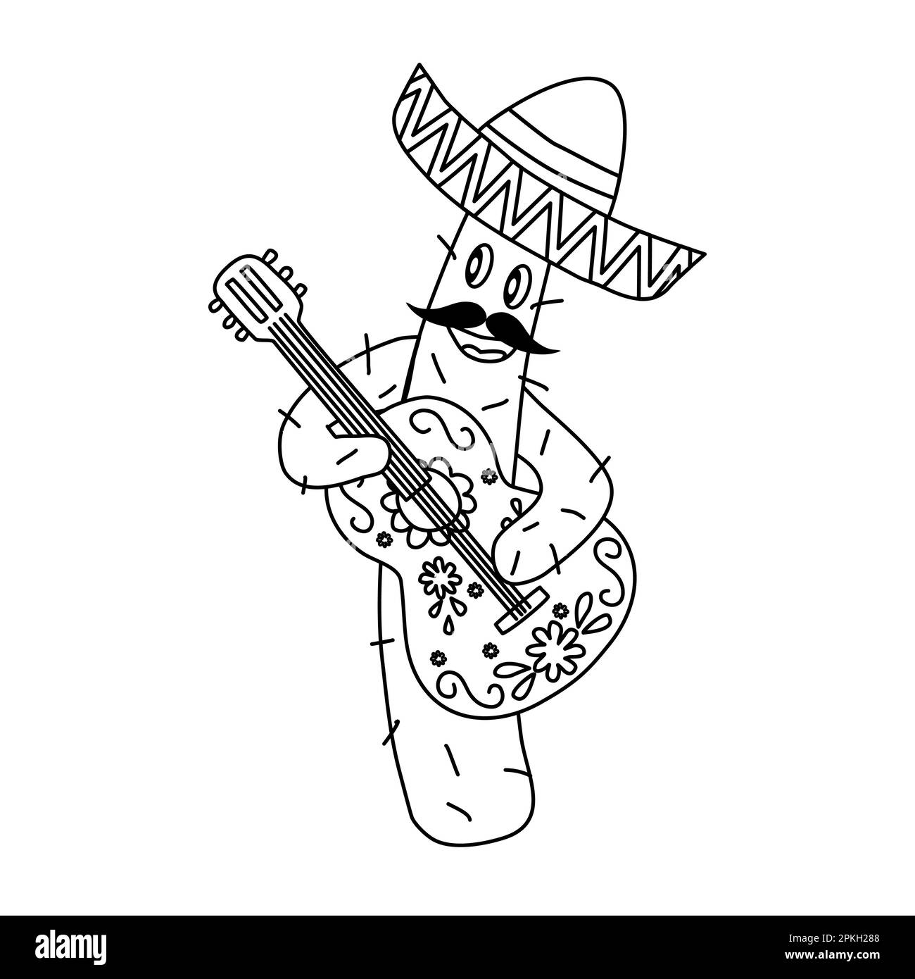 Adorable musicien de cactus chantant avec guitare et sombrero, dessin vectoriel plat style doodle pour enfants livre de coloriage Illustration de Vecteur
