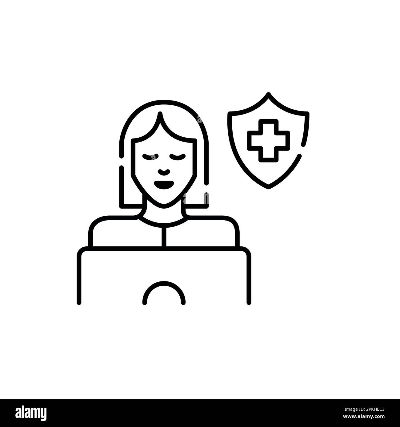 Femme à l'achat d'un ordinateur portable pour l'assurance maladie. Plan de soins médicaux. Croix et protection. Pixel parfait, contour modifiable Illustration de Vecteur