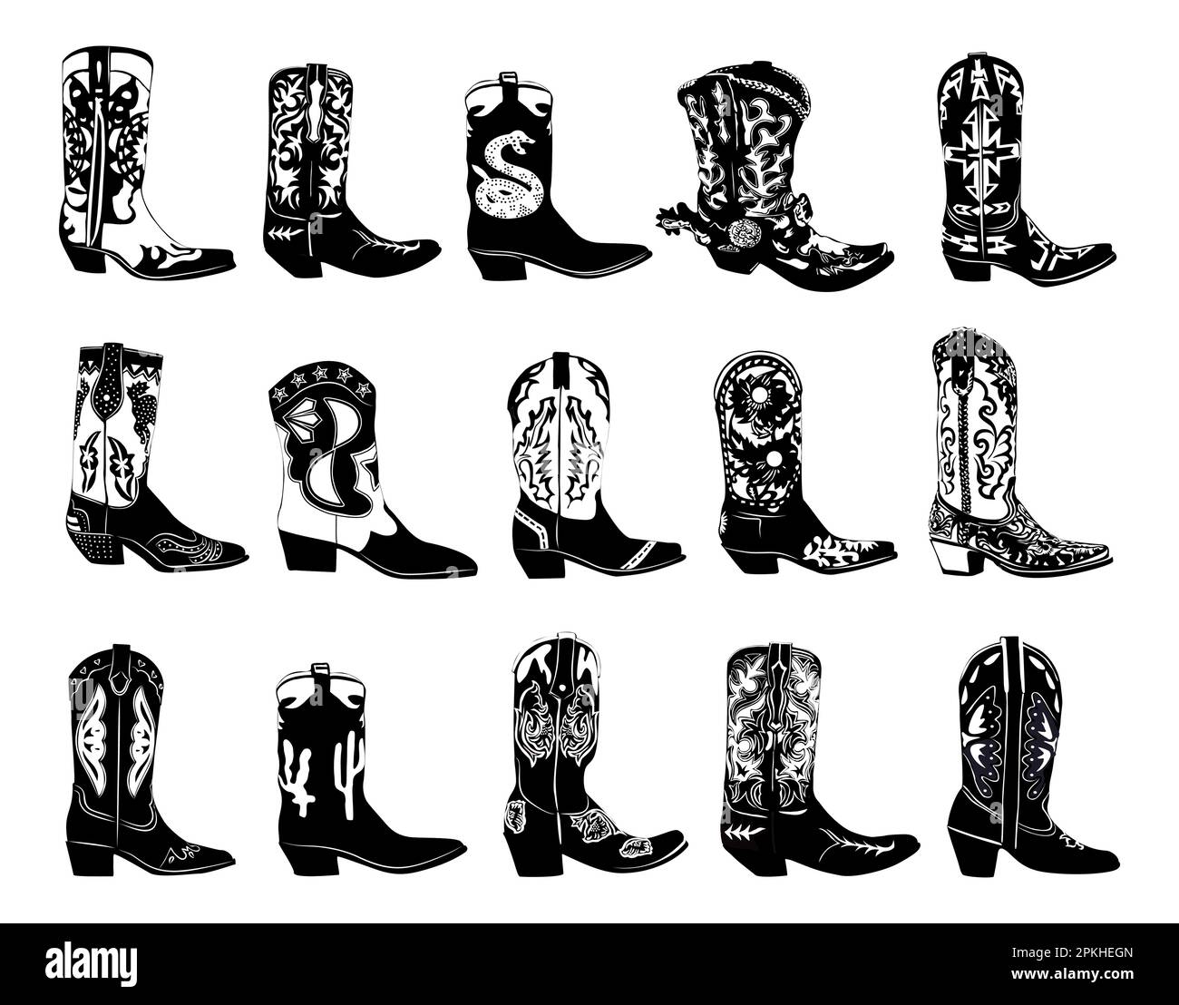 Jeu de différentes bottes de cowboy noir dessin vectoriel Illustration de Vecteur