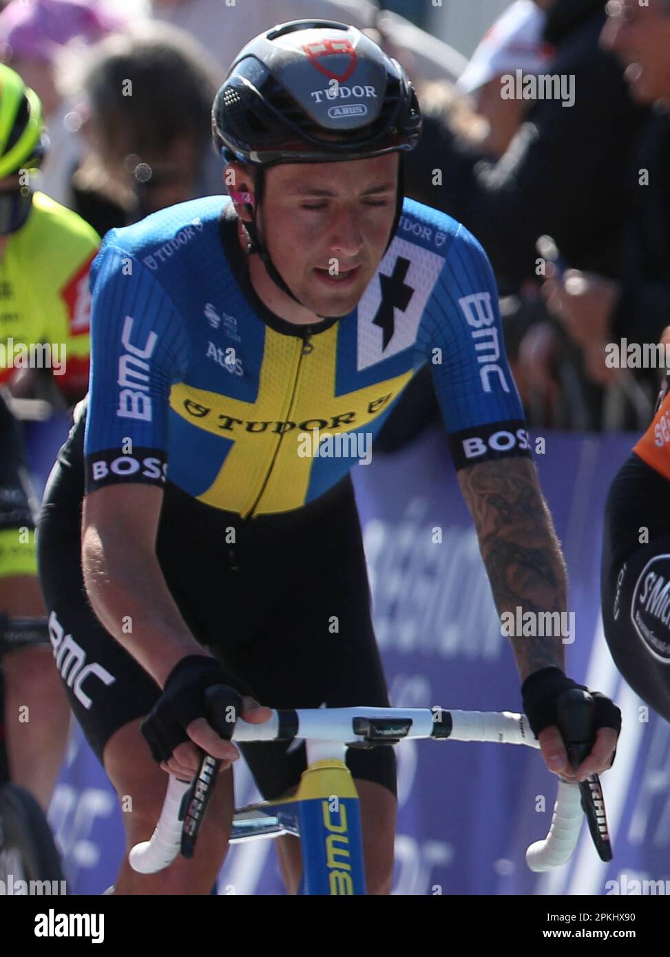 Le Mans, France. 07th avril 2023. Lucas Eriksson de l'équipe Pro Cycling de Tudor pendant la région pays de la Loire Tour 2023, UCI Europe Tour course cycliste, étape 4, Sablé-sur-Sarthe - le Mans (177, 8 km) sur 7 avril 2023 au Mans, France - photo Laurent Lairys/ABACAPRESS.COM crédit: Abaca Press/Alay Live News Banque D'Images