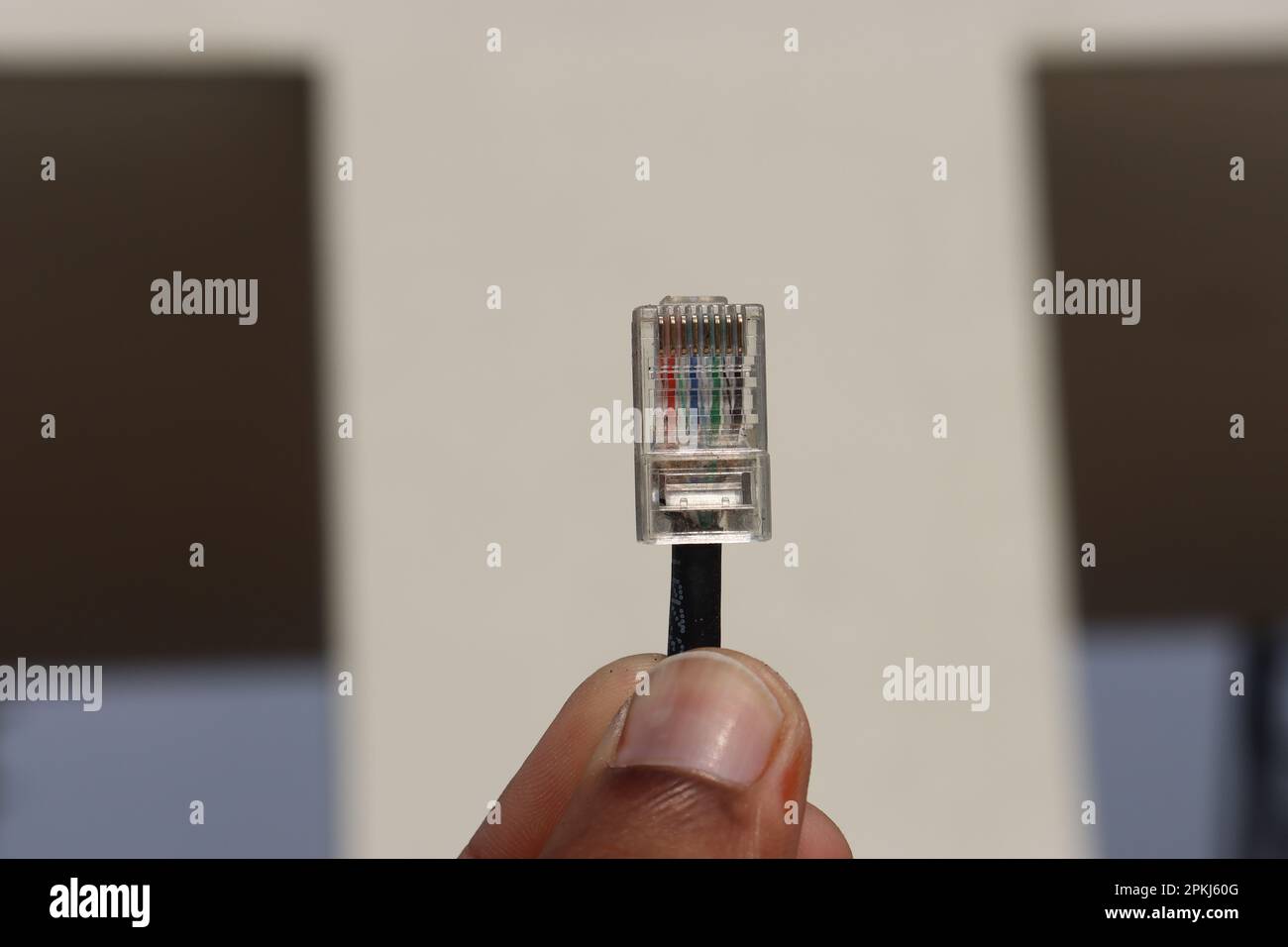 Gros plan détaillé de la broche du connecteur du câble Ethernet tenue dans la main Banque D'Images