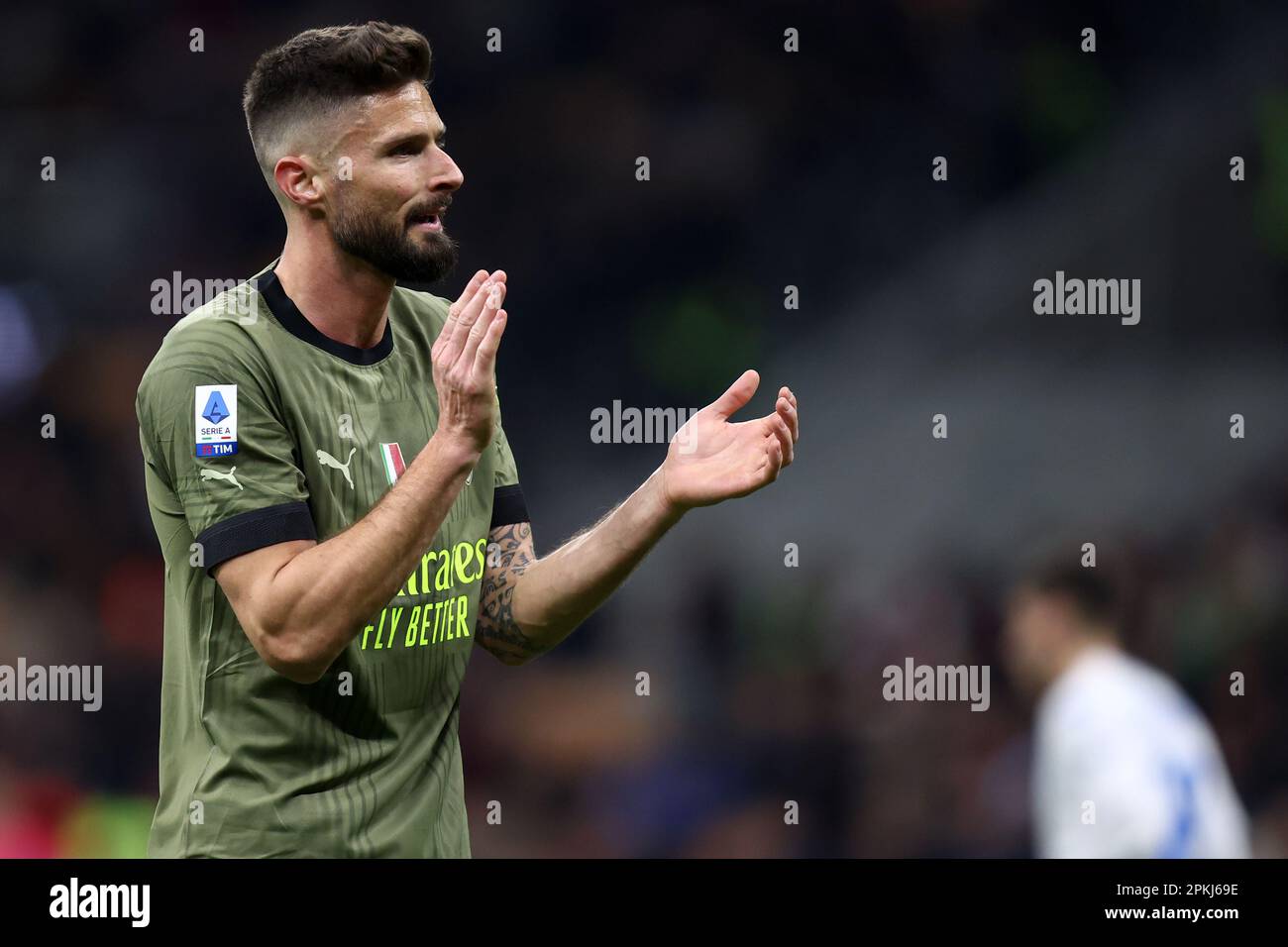 Milan, Italie. 07th avril 2023. Olivier Giroud d'AC Milan gestes pendant la série Un match entre AC Milan et Empoli FC au Stadio Giuseppe Meazza sur 7 avril 2023 à Milan, Italie . Credit: Marco Canoniero / Alamy Live News Banque D'Images