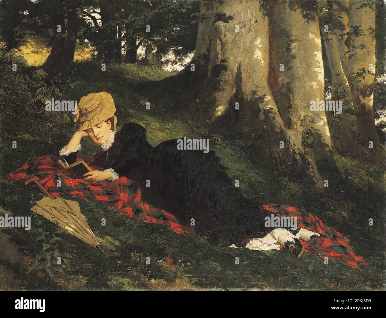 Femme lisant dans une forêt 1875 par Gyula Benczur Banque D'Images