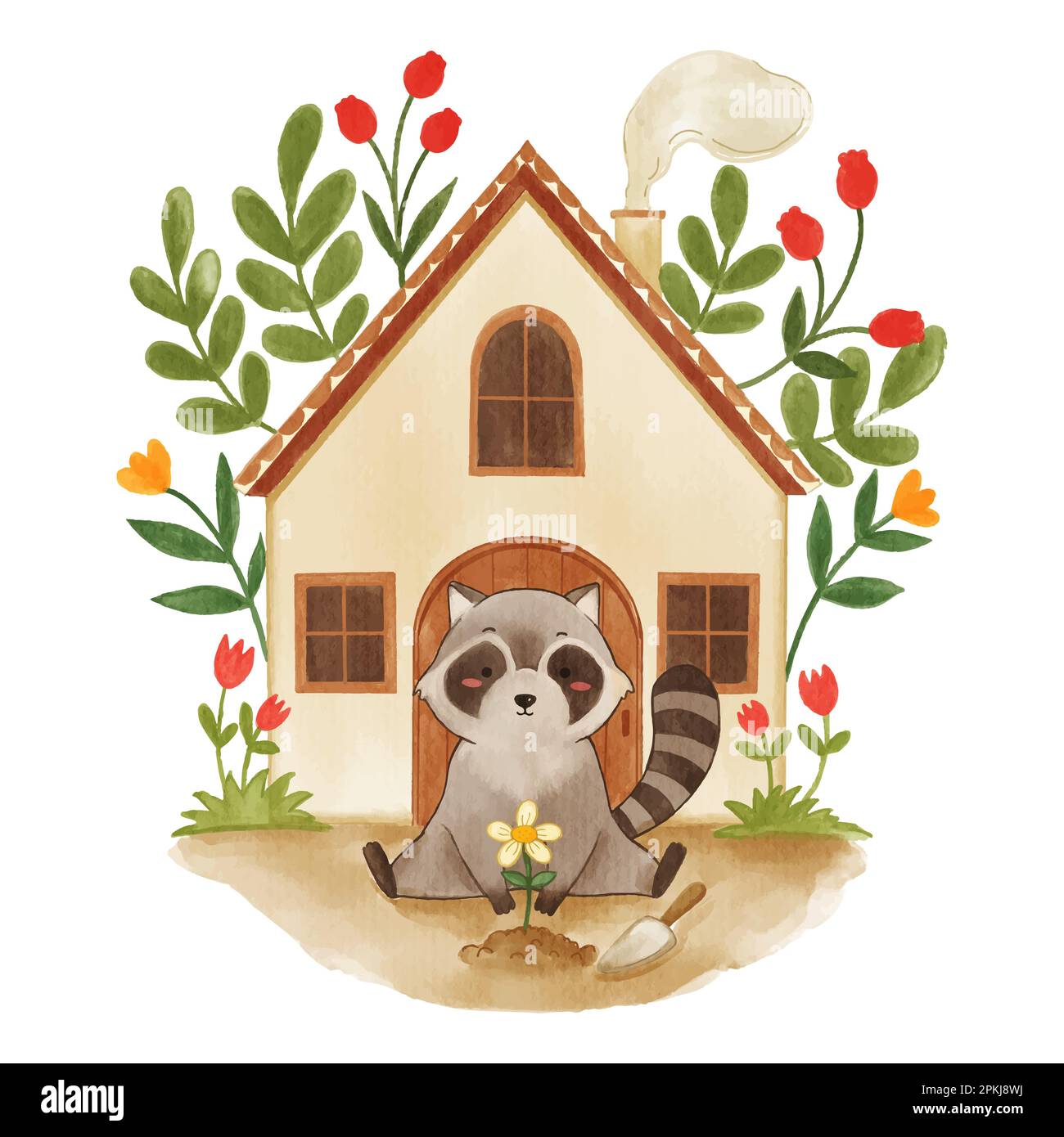 Raccoon animal et maison avec fleur . Peinture aquarelle réaliste avec papier texturé . Dessin de personnage de dessin animé . Vecteur . Illustration de Vecteur