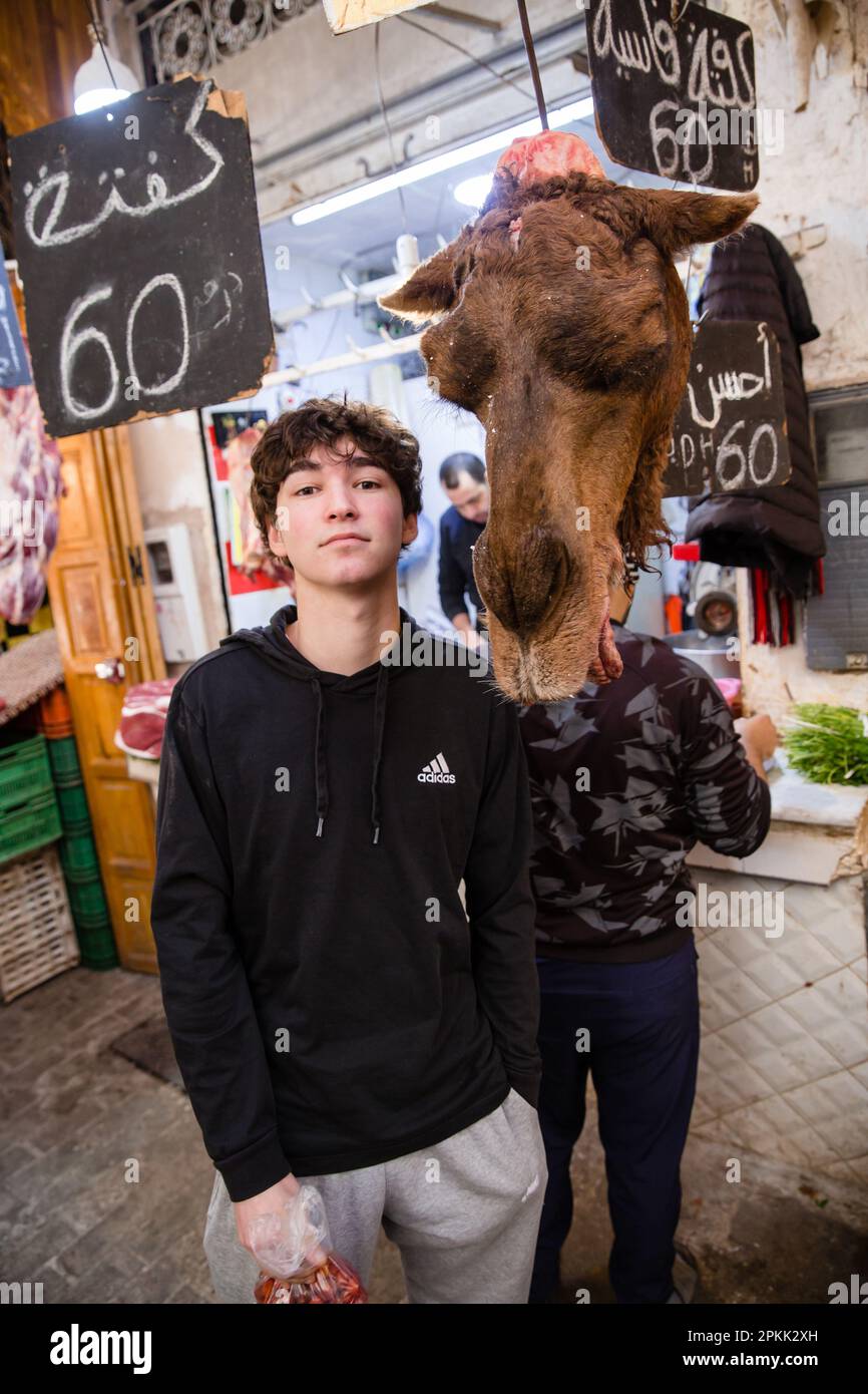 Un jeune garçon américain pose avec une tête de chameau exposée dans un souk de Fès Medina Maroc Banque D'Images