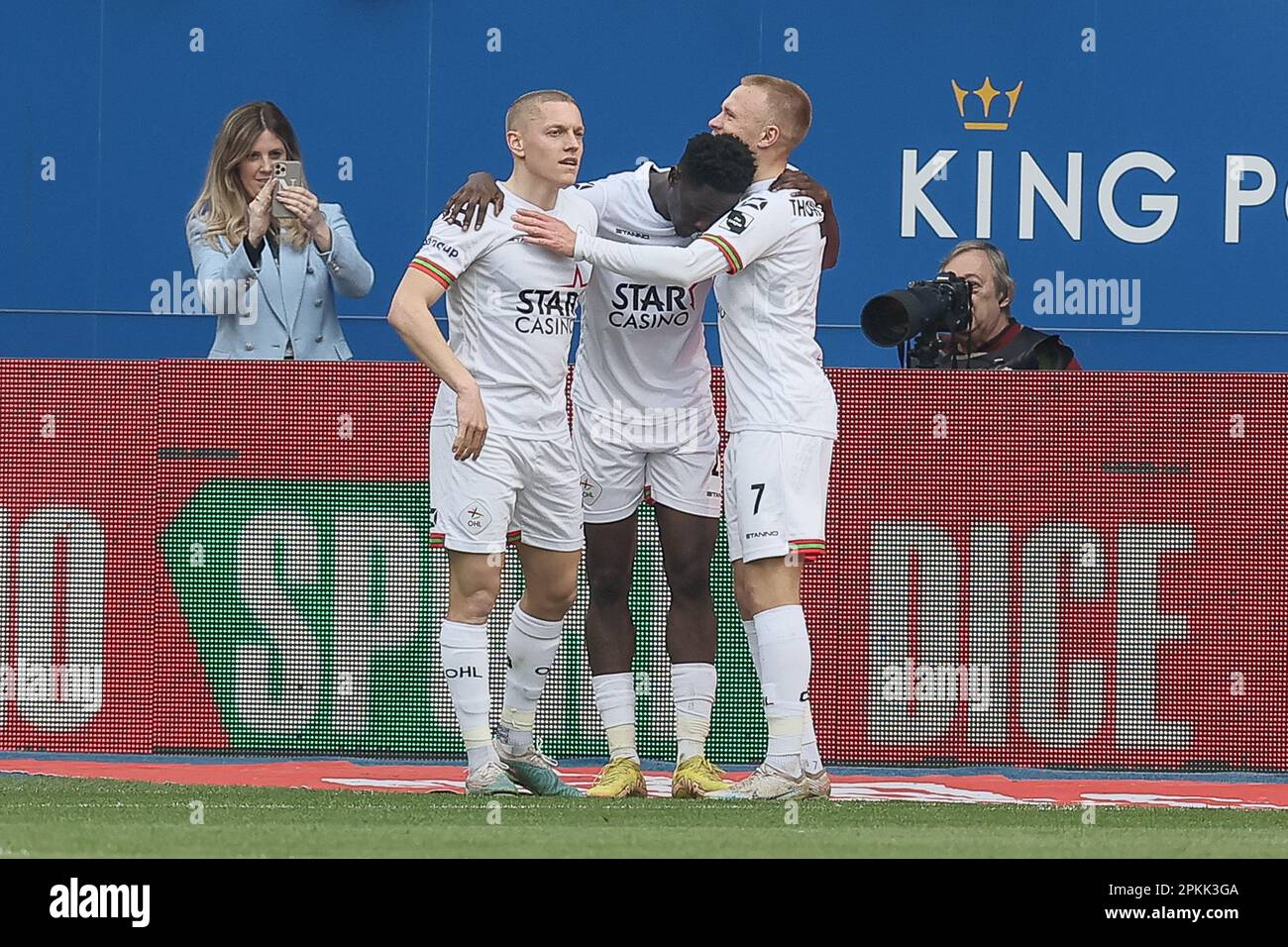 Louvain, Belgique. 08th avril 2023. Nathaniel Opoku d'OHL célèbre ses