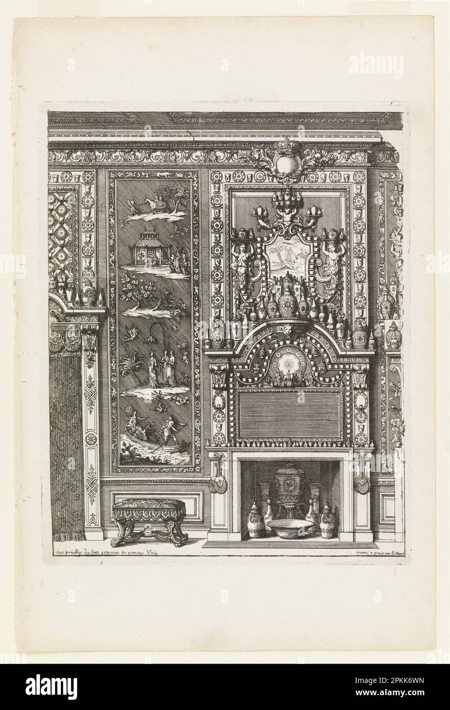 Design pour un mur cheminée avec panneaux laqués et porcelaine ca. 1700 par Daniel Marot Banque D'Images