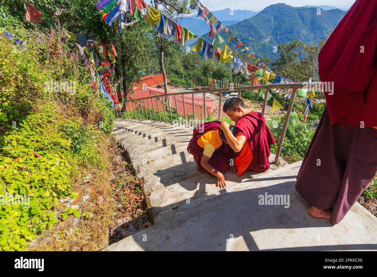 Monastère de Samdruptse, Ravangla, Sikkim, Inde - 20 octobre 2016 : Un moine contrôlant la tête d'un autre moine pour des blessures possibles. Banque D'Images