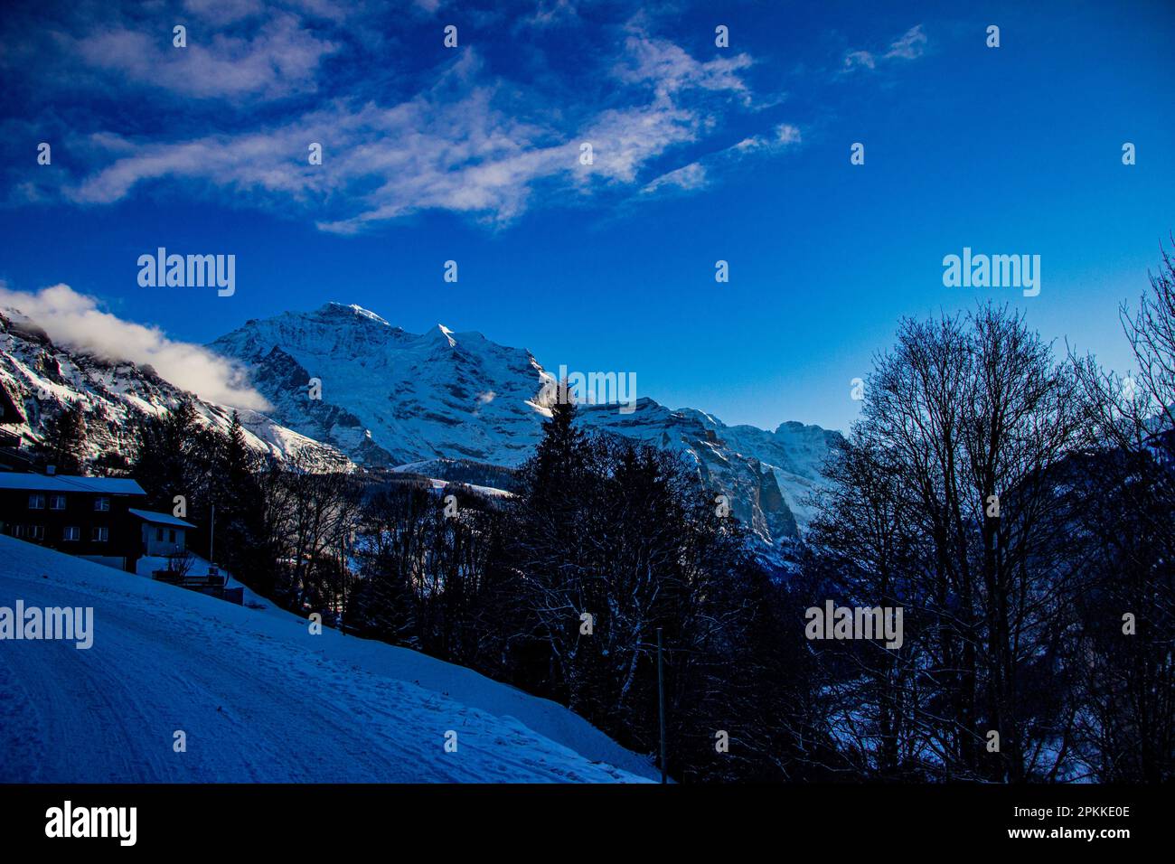 Belle journée ensoleillée dans les Alpes suisses enneigées, Wengen, Suisse Banque D'Images