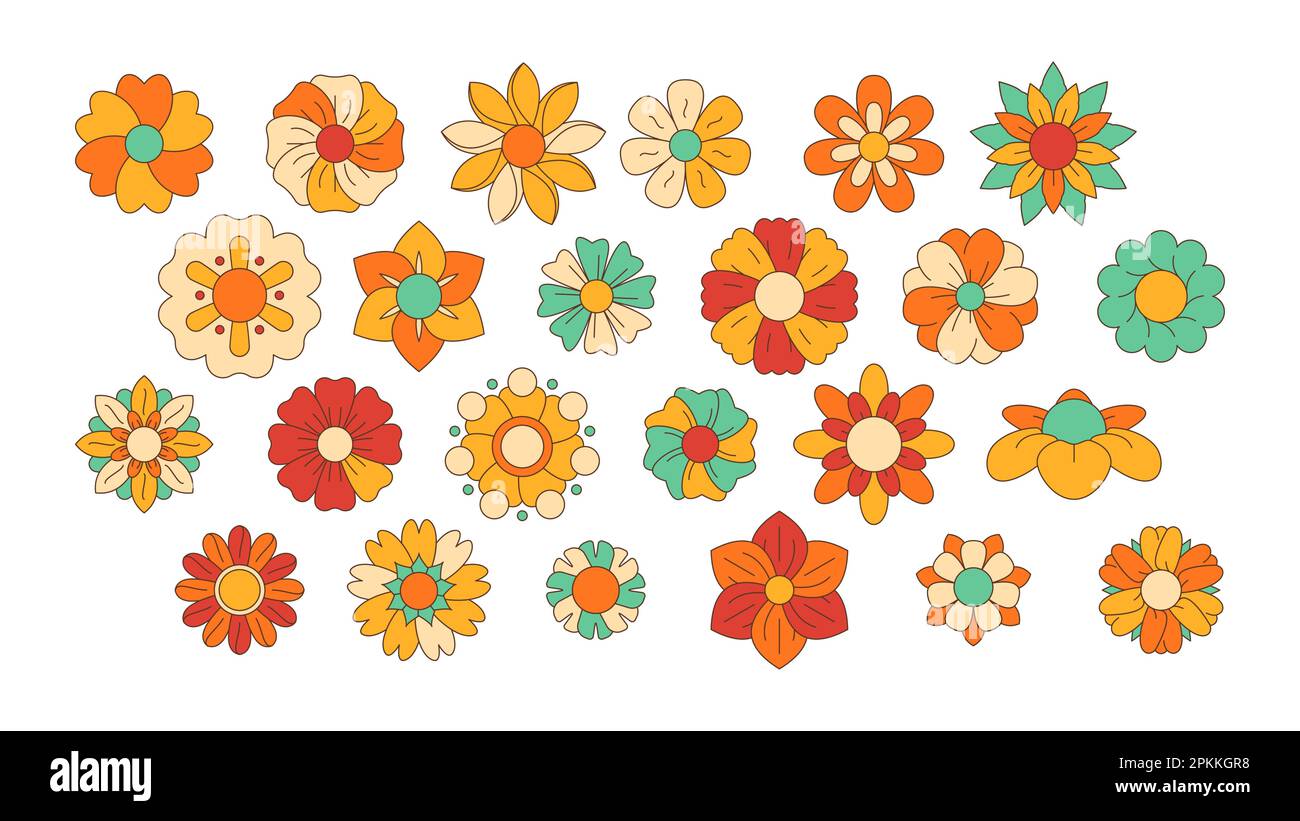 Fleurs hippie linéaires. Icônes de fleurs de l'aine de Doodle, symboles de puissance des fleurs des années 60, contour abstrait des symboles de fleurs colorés. Collection de vecteurs. Différents éléments floraux, ensemble isolé de fleurs vives Illustration de Vecteur