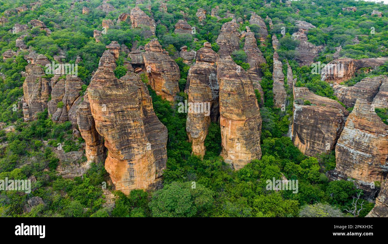 Vue aérienne des falaises de grès du Parc national de Serra da Capivara, site classé au patrimoine mondial de l'UNESCO, Piaui, Brésil, Amérique du Sud Banque D'Images