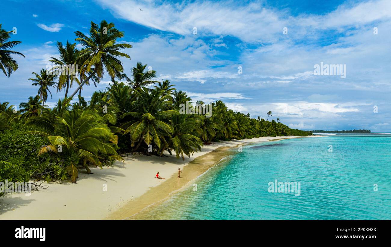 Antenne de plage de sable blanc sur l'île de Direction, îles Cocos (Keeling), territoire australien de l'océan Indien, Australie, Océan Indien Banque D'Images