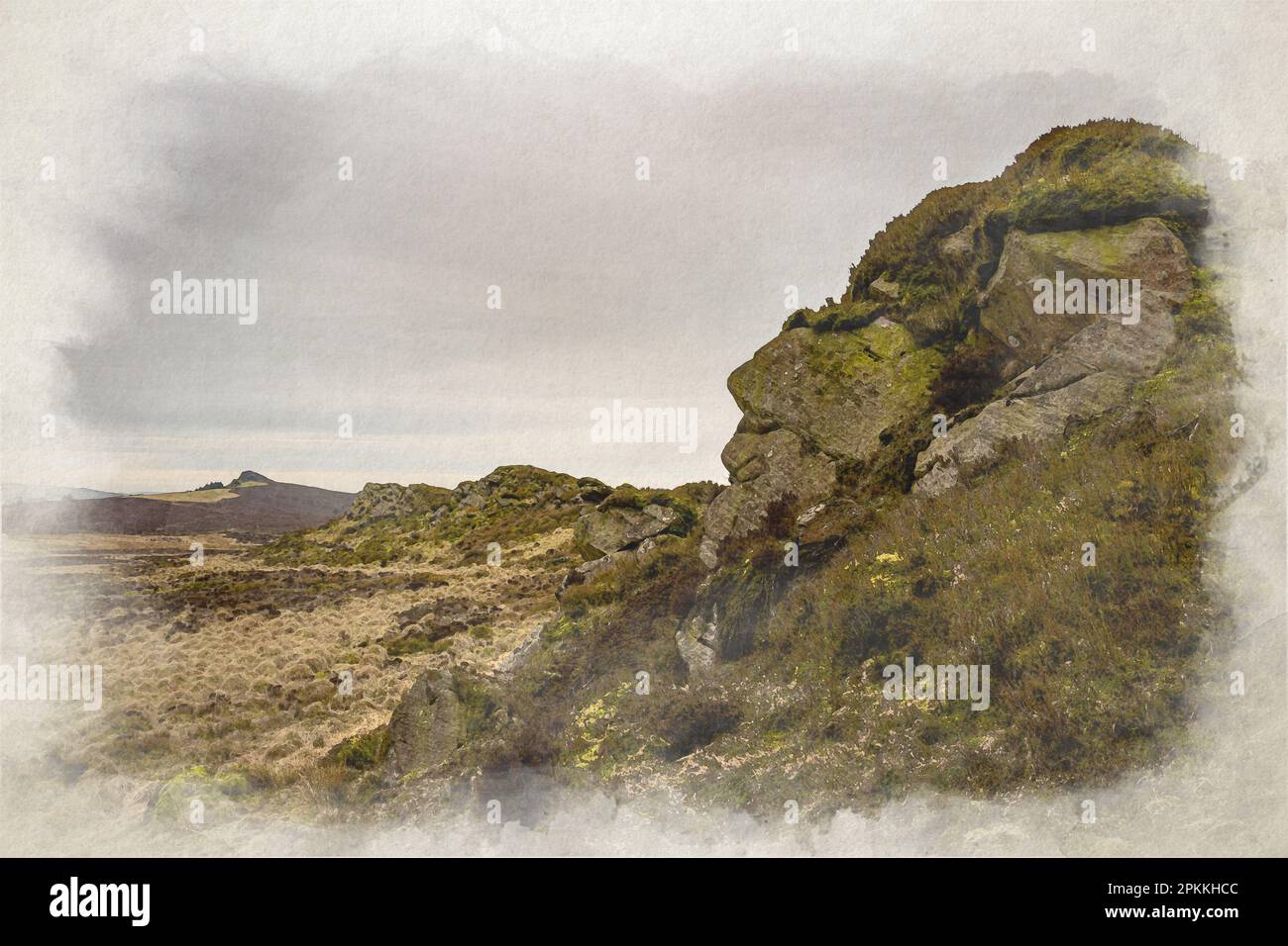 Baldstone et Gib Torr. Un tableau d'aquarelle numérique qui se penche vers les cafards, Ramshaw Rocks et Hen Cloud pendant l'hiver dans le Peak District N. Banque D'Images