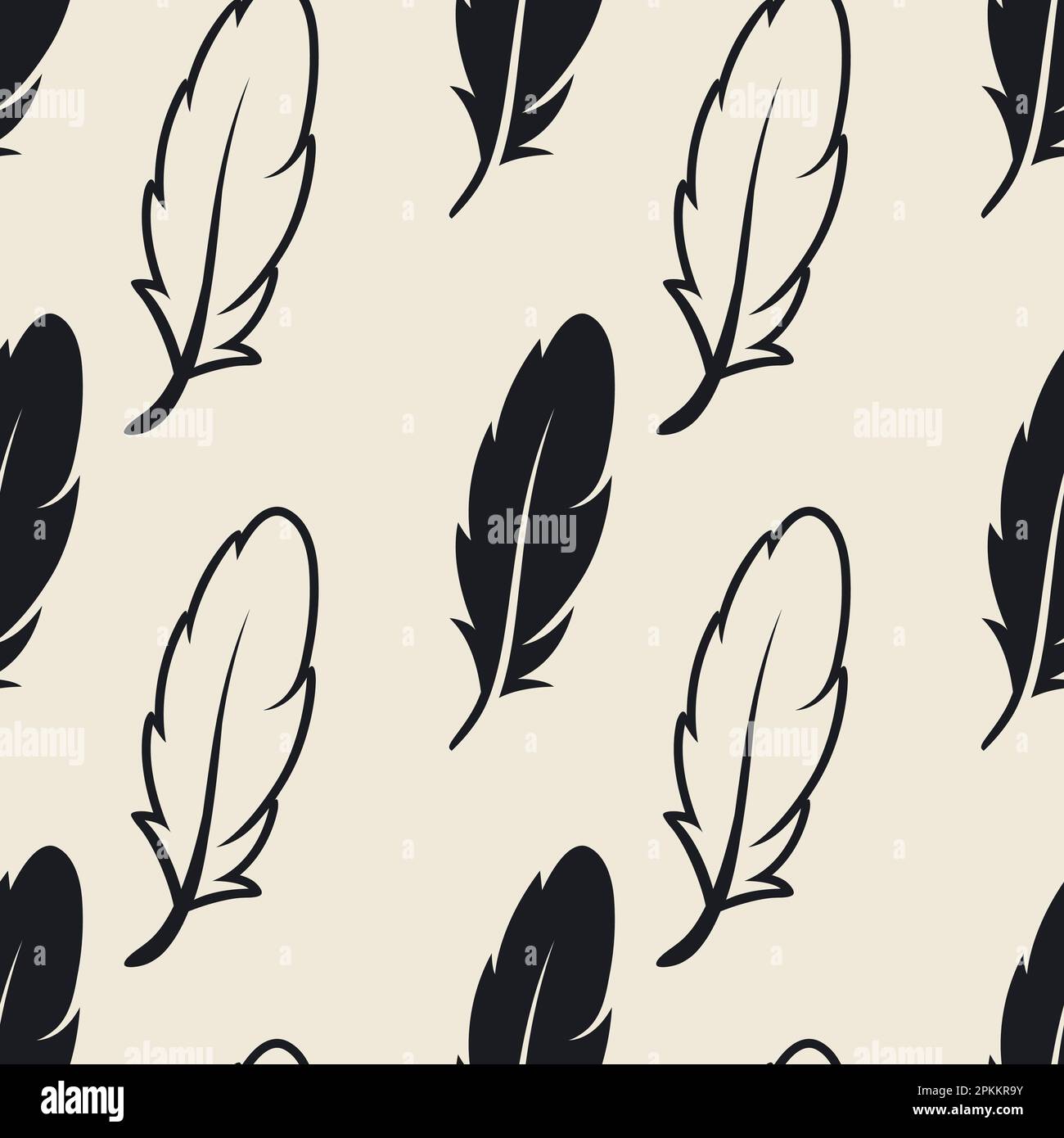 Motif vectoriel sans couture avec différentes silhouettes de plumes noires douces sur fond blanc. Modèle de création de plumes Flamingo, Angel et Bird pour Illustration de Vecteur