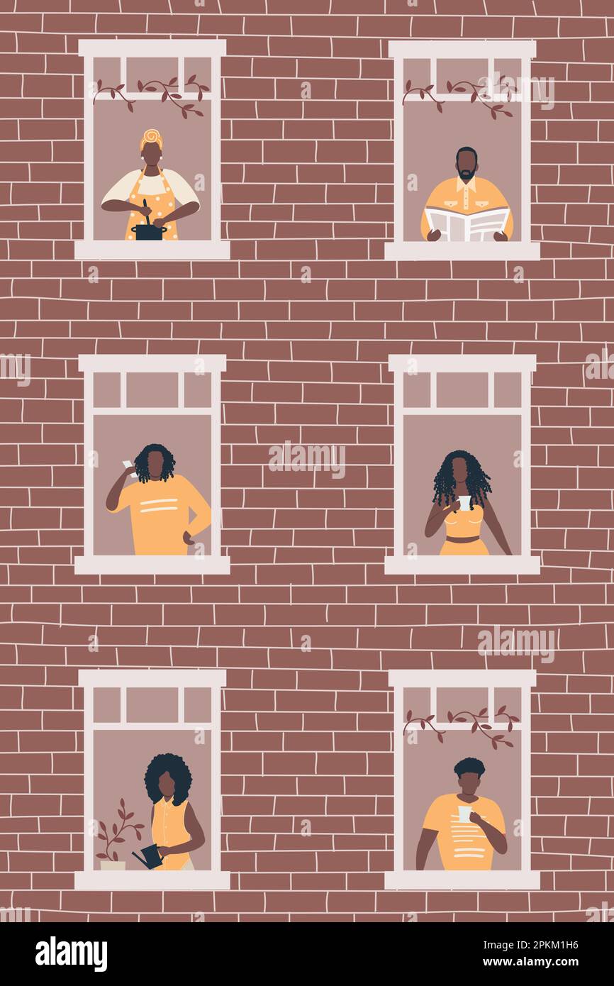 Des gens noirs à la fenêtre dans la maison brune. Voisins. Concept rester à la maison. Illustration vectorielle Illustration de Vecteur