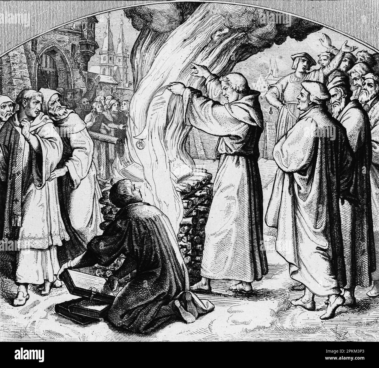 Martin Luther brûlant le taureau papal de l'excommunication publiquement à Wittenberg en 1520, illustration historique 1851 Banque D'Images