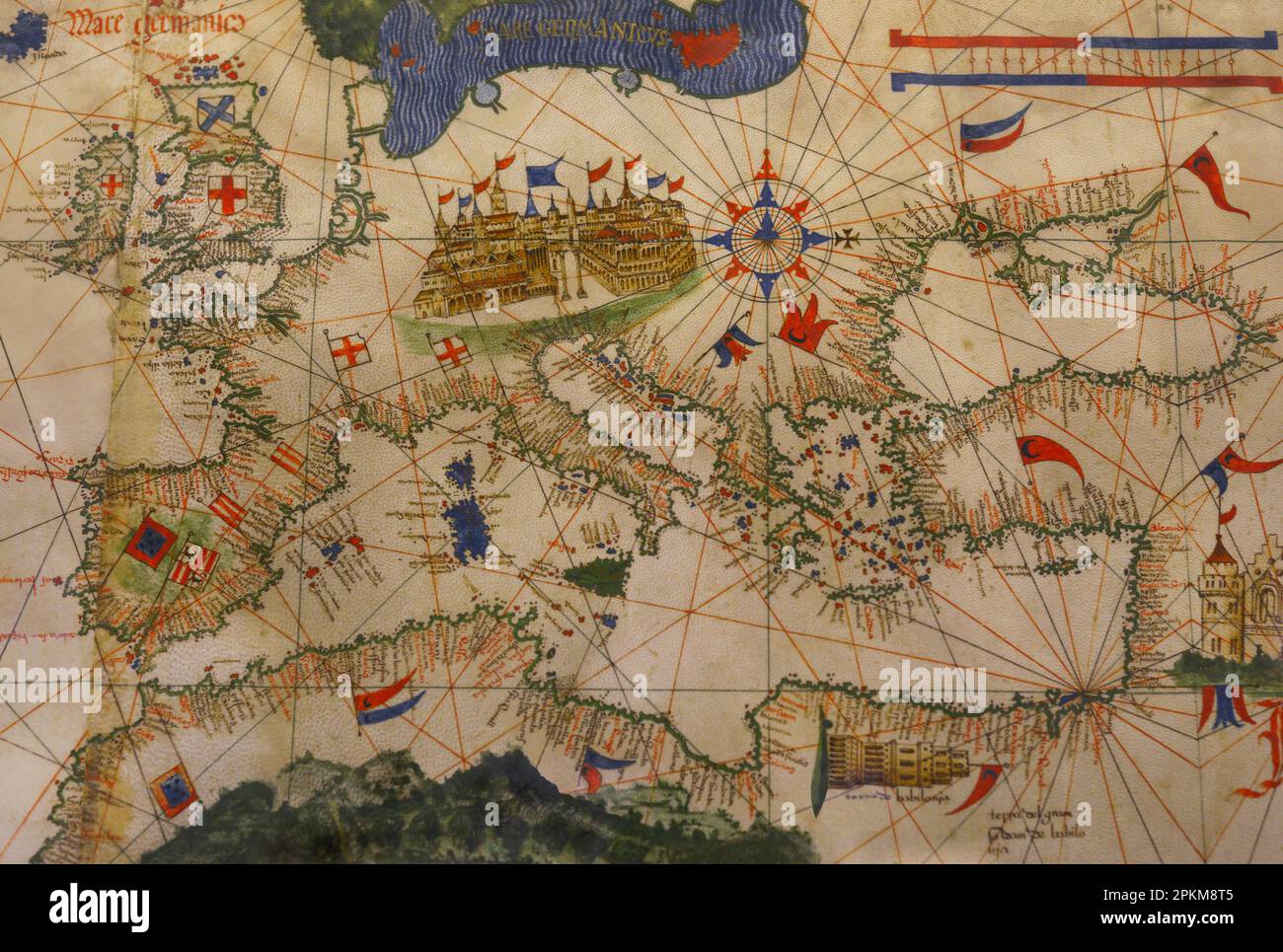 'Carte de Cantino'. Carte anonyme du début du siècle 16th par un cartographe portugais commandé par Alberto Cantino, agent du duc italien de Ferrara en Italie. Il dépeint comment les Portugais ont réussi à atteindre l'Inde en utilisant une route maritime directe. Copie du parchemin original dans la Biblioteca Etense à Modène (Italie). Détails. Musée maritime. Lisbonne, Portugal. Banque D'Images