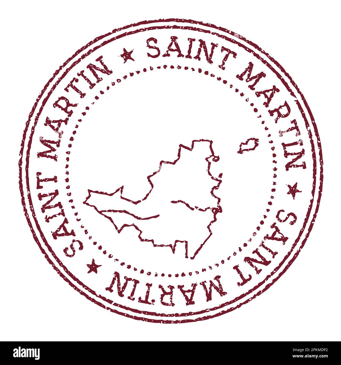 Timbre rond en caoutchouc Saint Martin avec carte de l'île. Timbre passeport rouge vintage avec texte circulaire et étoiles, illustration vectorielle. Illustration de Vecteur