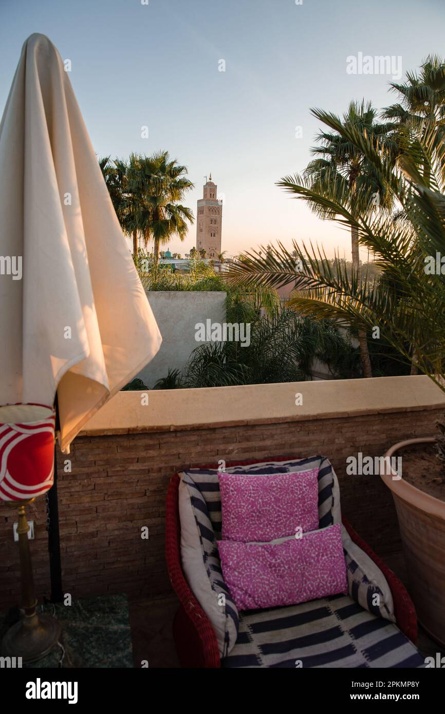 Des chaises longues au bord de la piscine sur le toit de l'hôtel El
