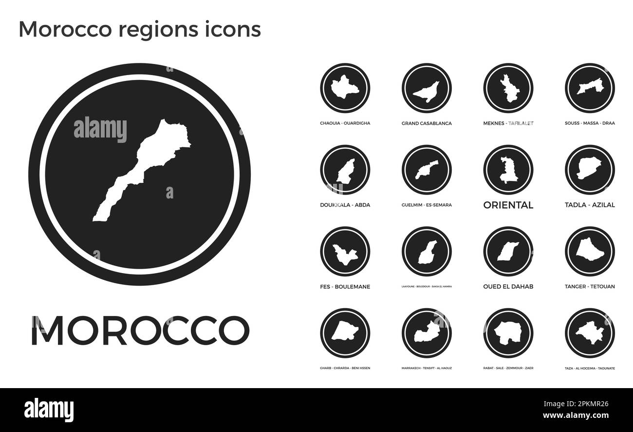 Icônes des régions du Maroc. Logos ronds noirs avec cartes et titres des pays. Illustration vectorielle. Illustration de Vecteur